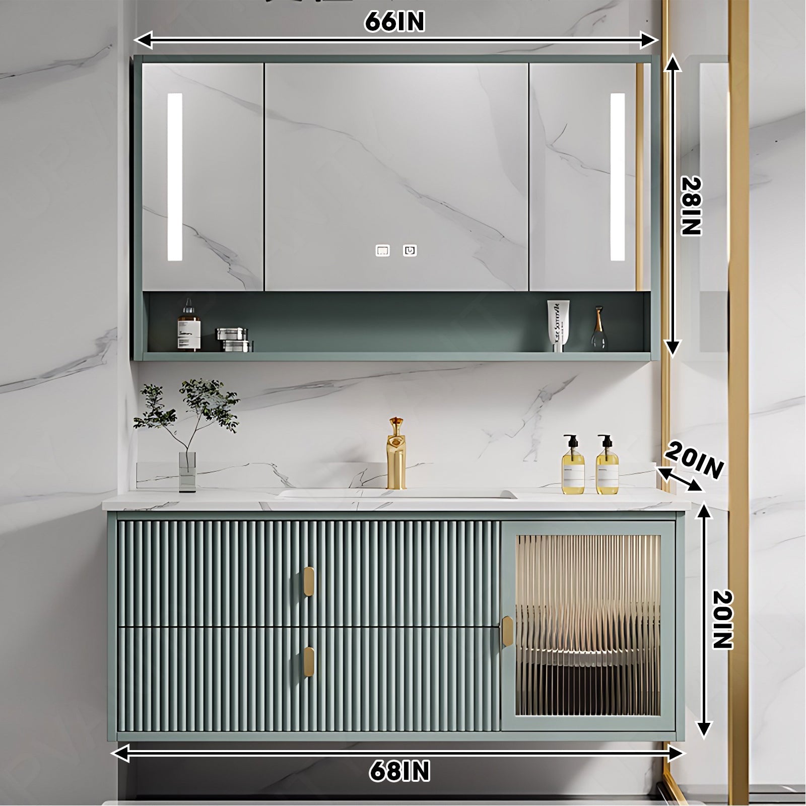 Luxury Bath Vanity Set, Green, Striped Panel, 36"- 72", Single, Floating, Smart LED Mirror, Rear Cabinet