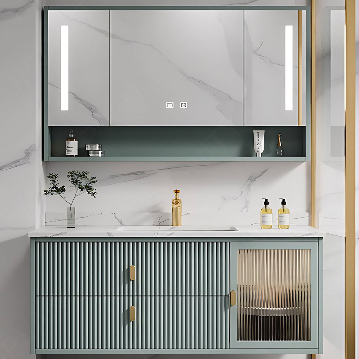 Luxury Bath Vanity Set, Green, Striped Panel, 36"- 72", Single, Floating, Smart LED Mirror, Rear Cabinet
