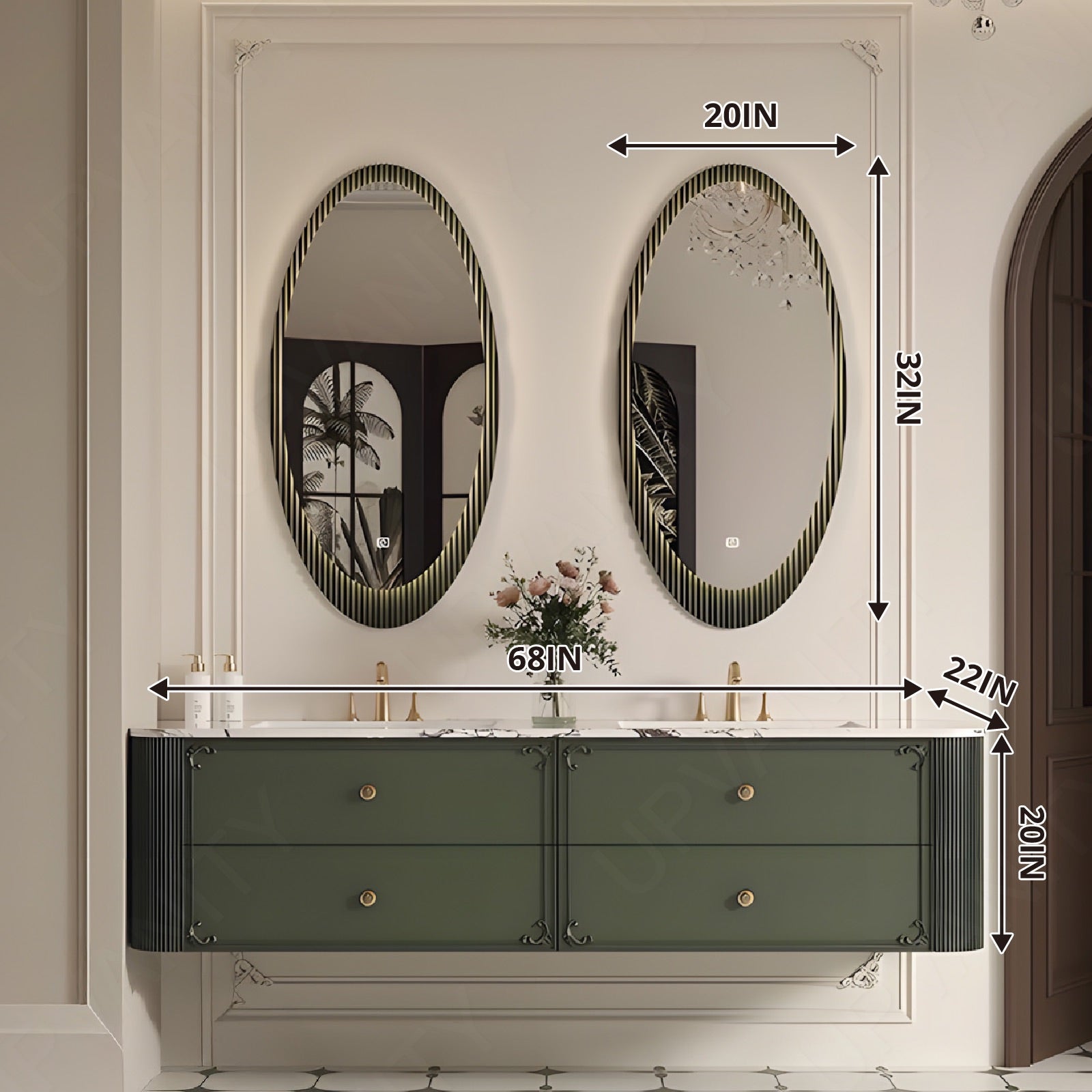 Luxury Bath Vanity Set, Green, Striped Panel, 52"-78", Double, Floating, Rounded Edge, Oval Smart LED Mirror