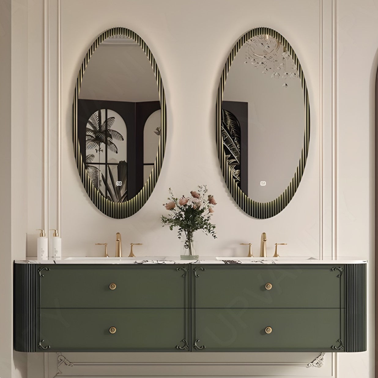 Luxury Bath Vanity Set, Green, Striped Panel, 52"-78", Double, Floating, Rounded Edge, Oval Smart LED Mirror