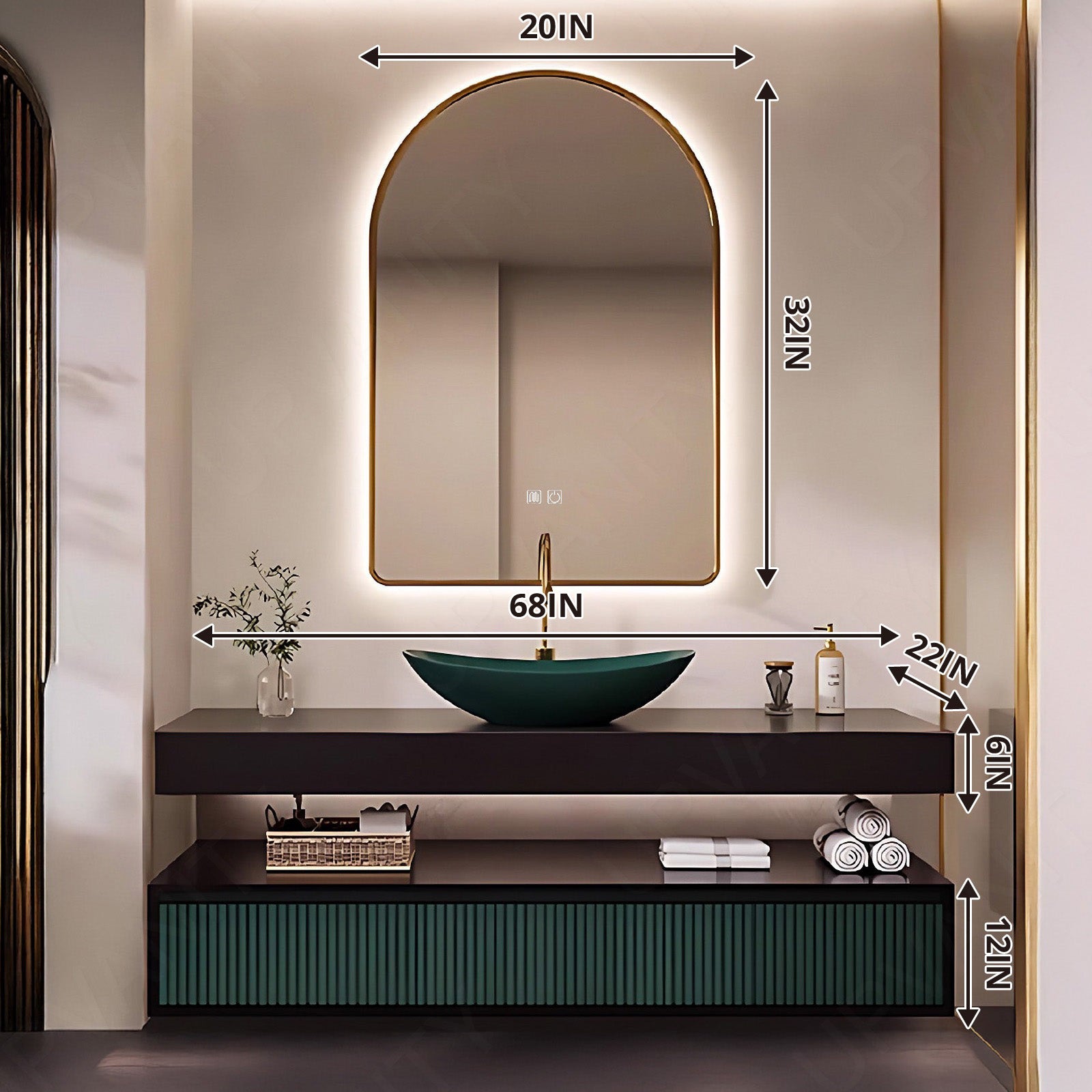 Luxury Bath Vanity Set, Green, Striped Panel, Split Black Top, 48"- 68", Vessel Single Sink, Floating, Oval Smart LED Mirror