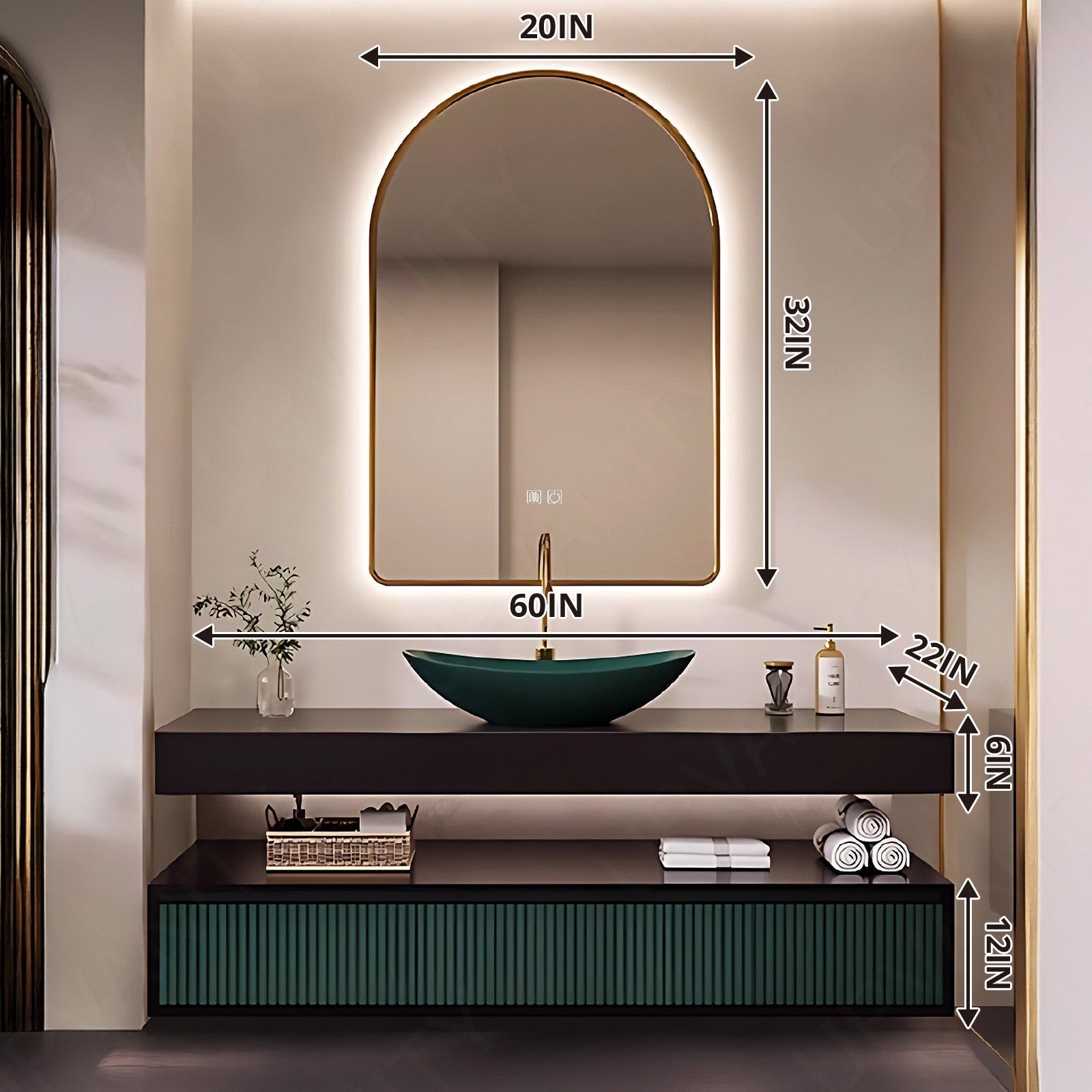 Luxury Bath Vanity Set, Green, Striped Panel, Split Black Top, 48"- 68", Vessel Single Sink, Floating, Oval Smart LED Mirror