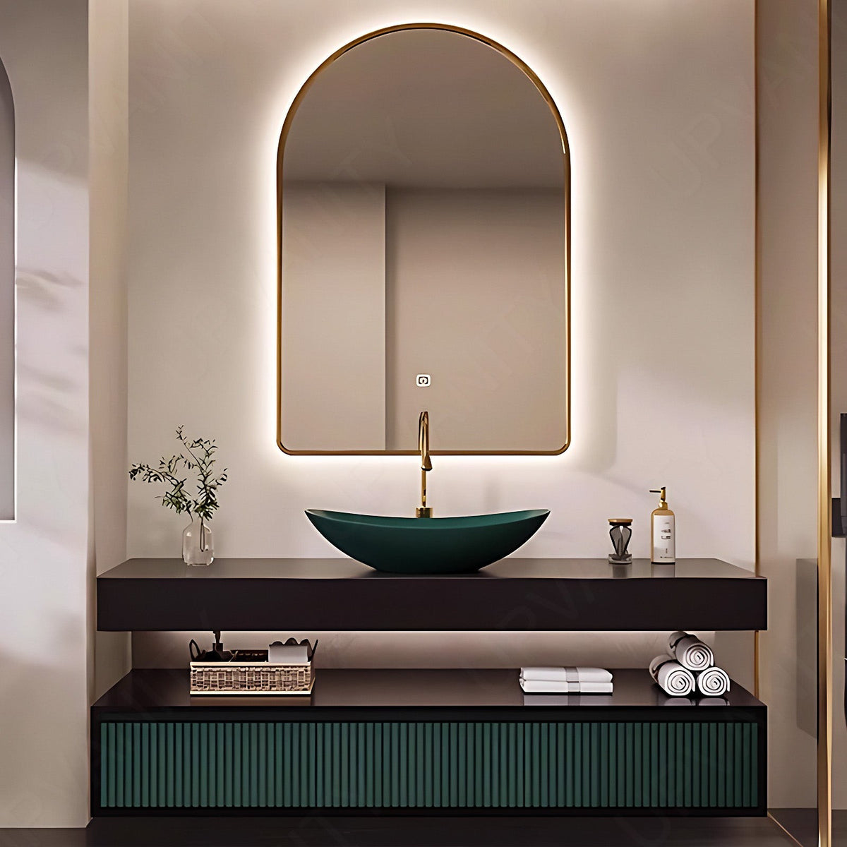Luxury Bath Vanity Set, Green, Striped Panel, Split Black Top, 48"- 68", Vessel Single Sink, Floating, Oval Smart LED Mirror