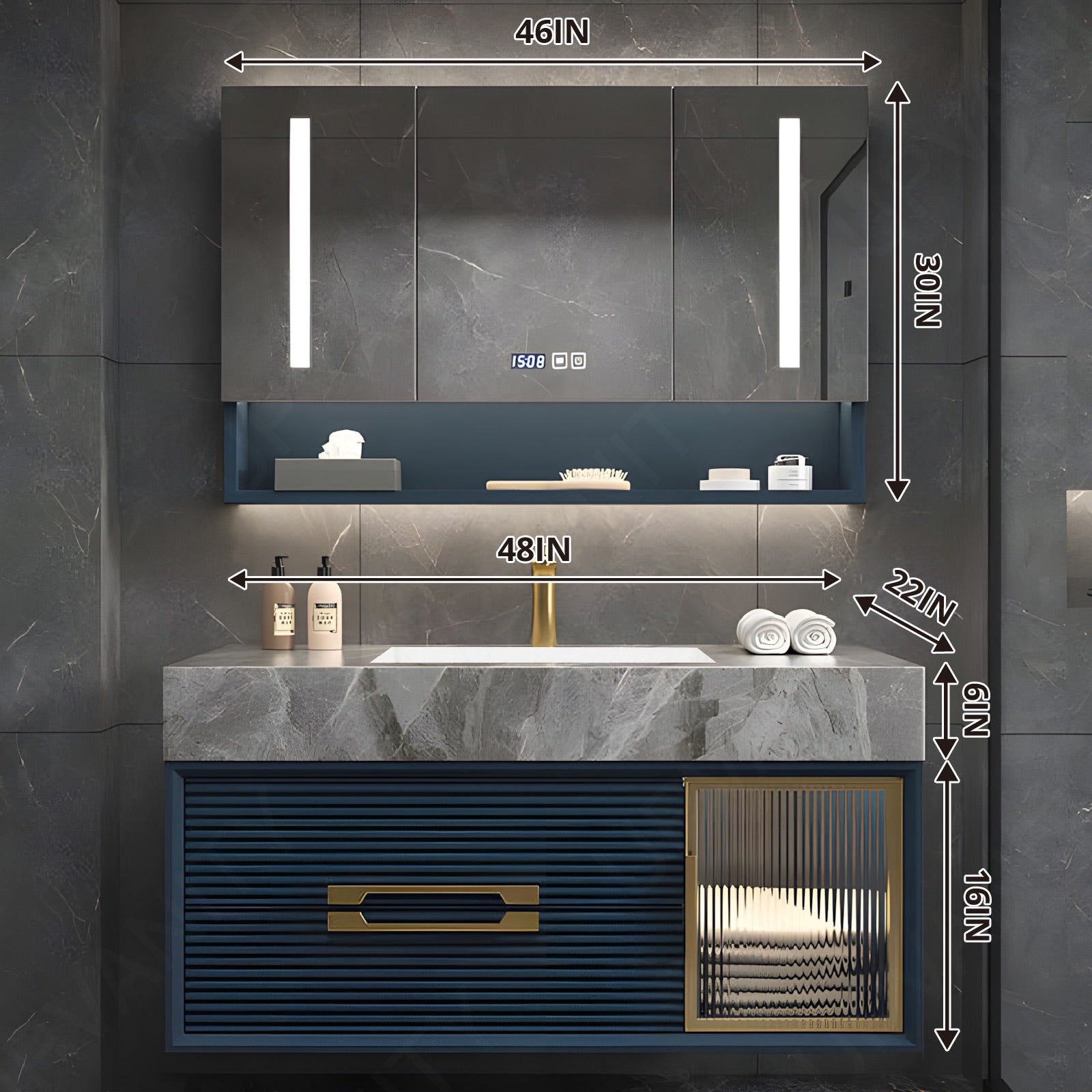 Luxury Bath Vanity Set, Navy, Gold Accents, 32"- 72", Double, Floating, Smart LED Mirror, Rear Cabinet