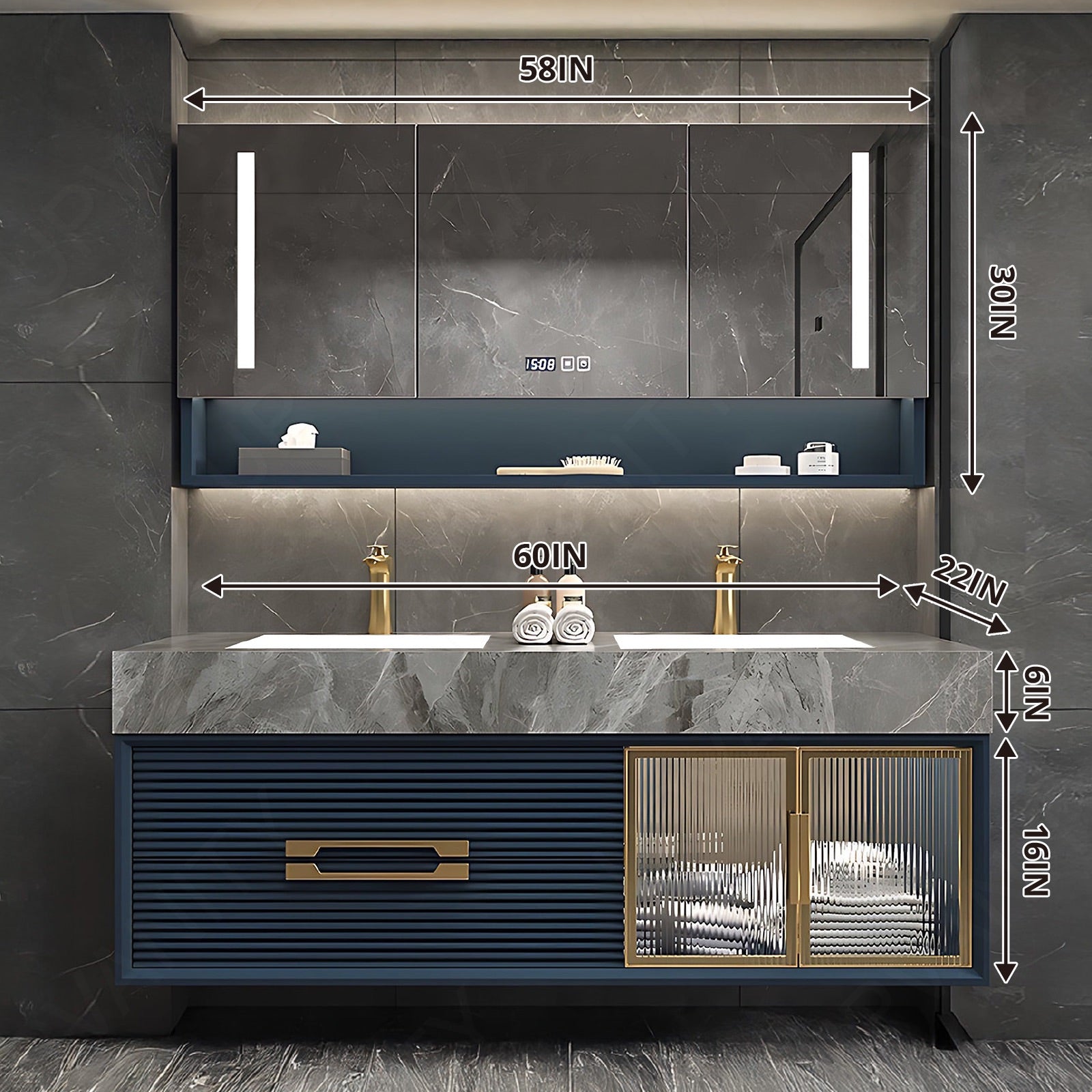 Luxury Bath Vanity Set, Navy, Gold Accents, 32"- 72", Double, Floating, Smart LED Mirror, Rear Cabinet