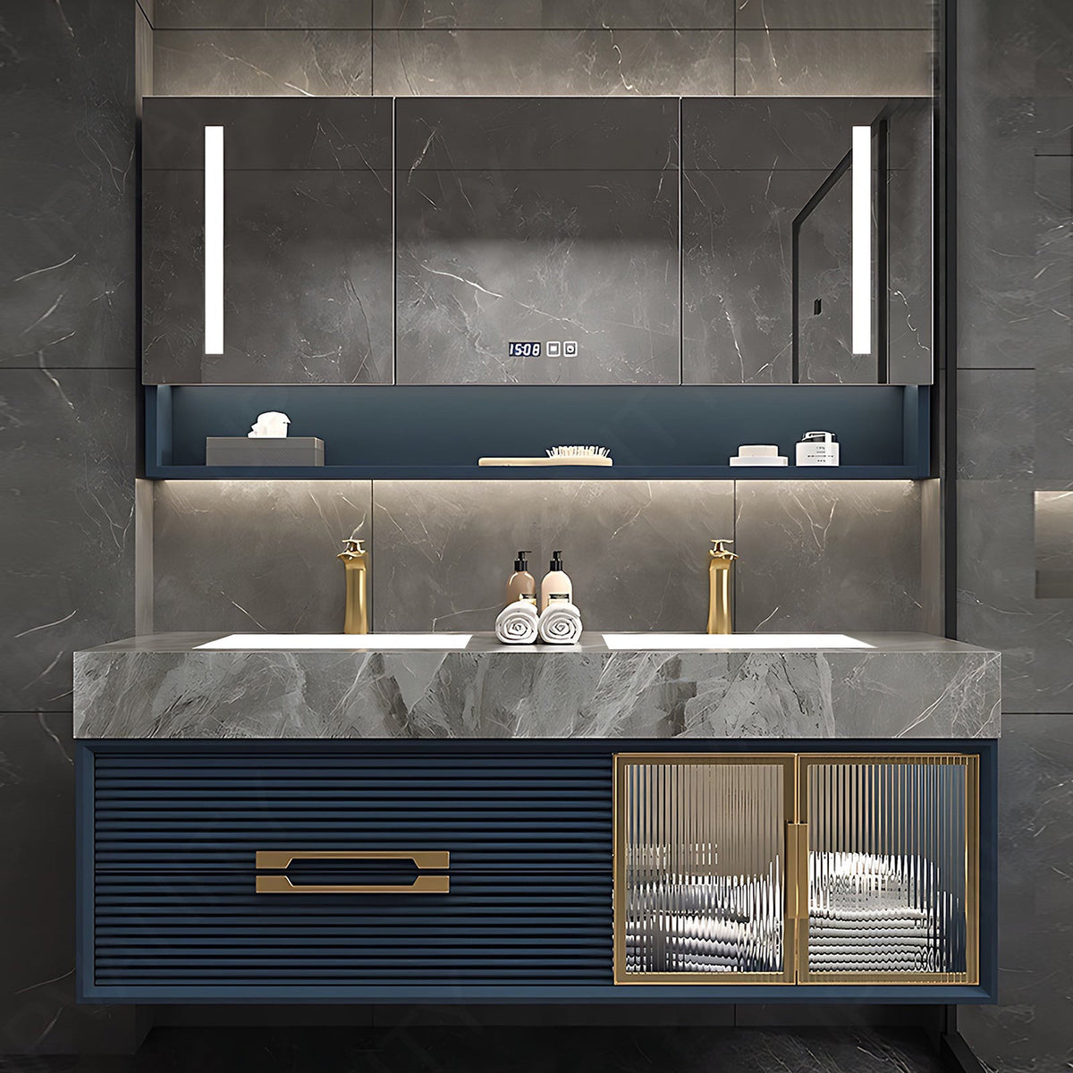 Luxury Bath Vanity Set, Navy, Gold Accents, 32"- 72", Double, Floating, Smart LED Mirror, Rear Cabinet