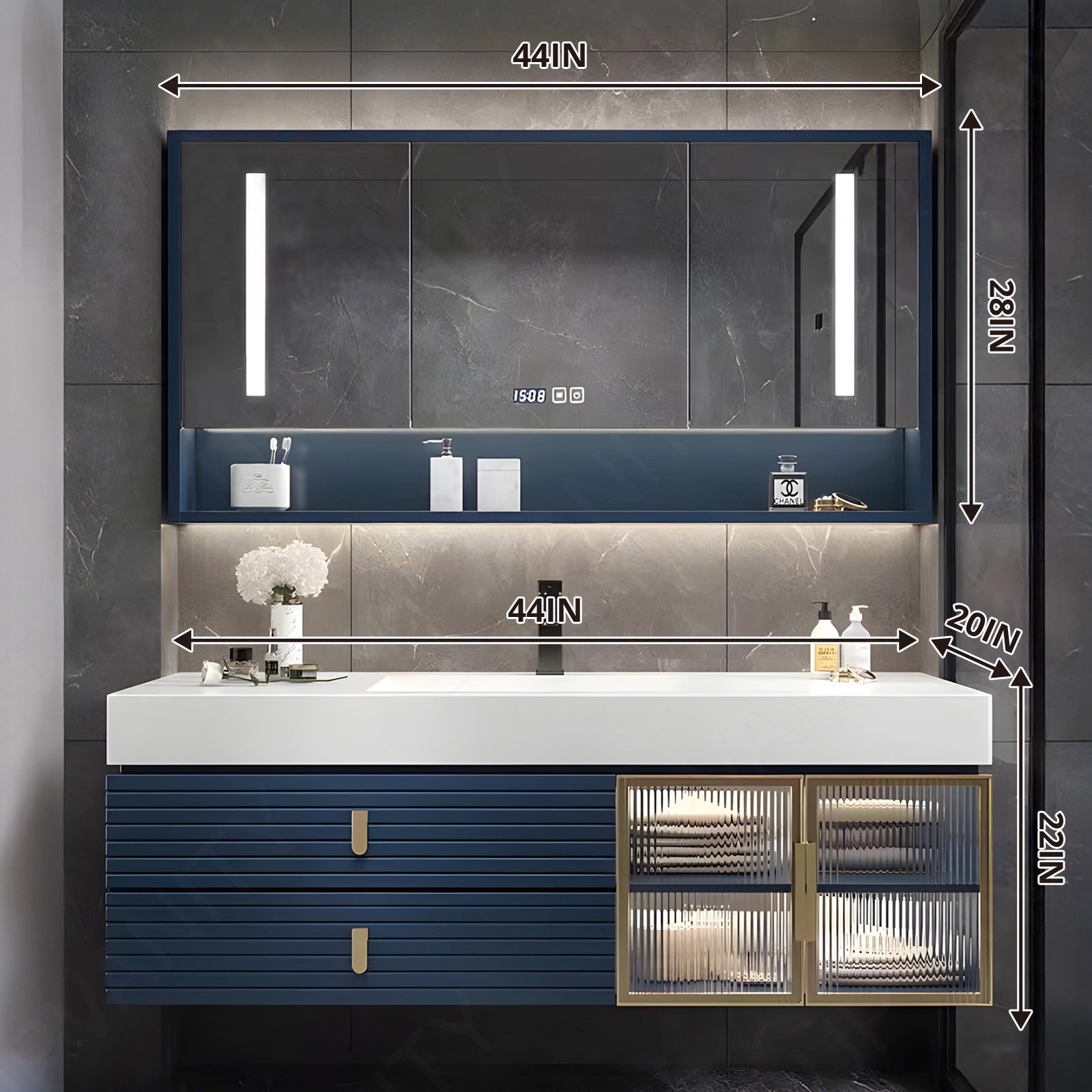 Luxury Bath Vanity Set, Navy, Gold Accents, 40"-68", Single, Floating, Glass Door, Striped Panel, Smart LED Mirror