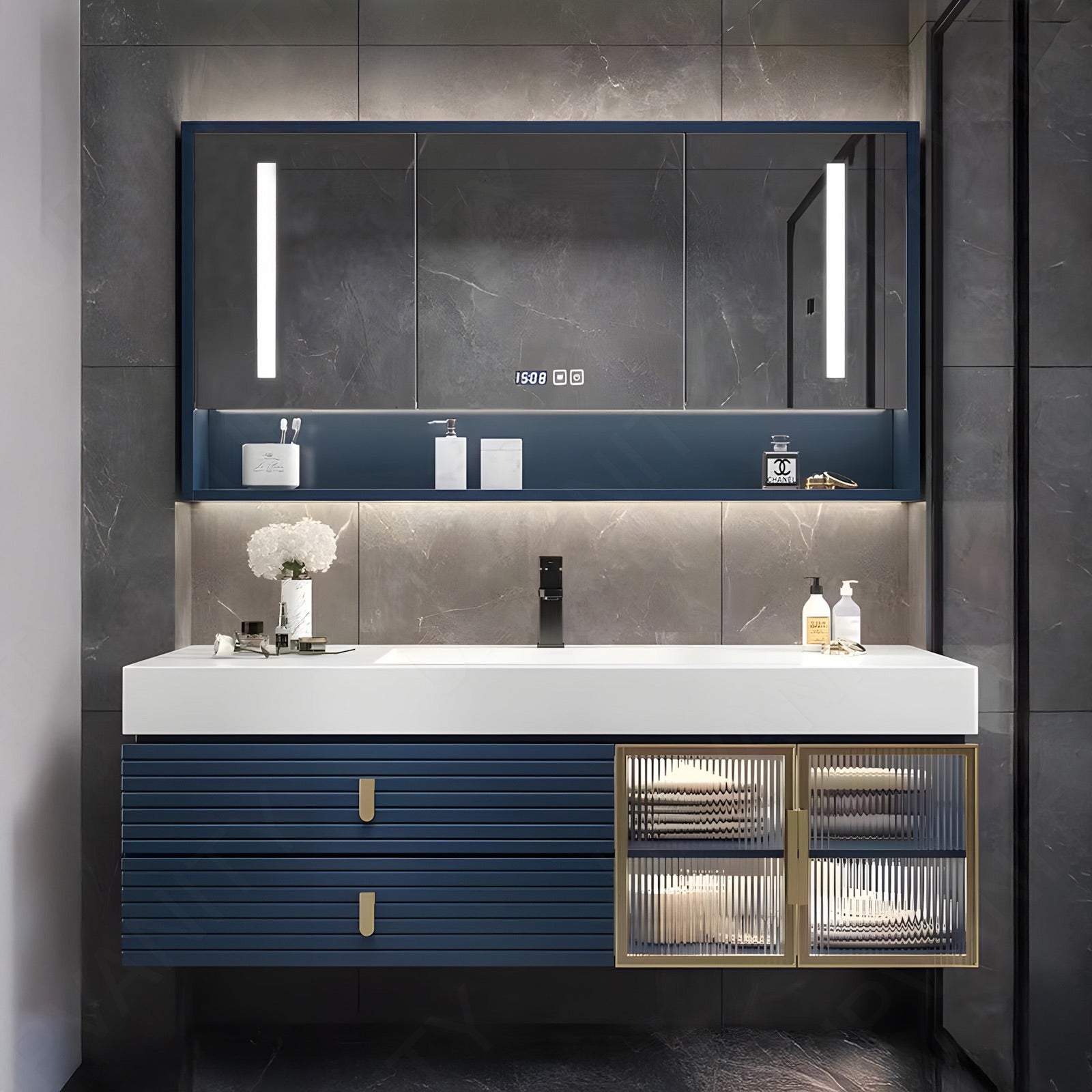 Luxury Bath Vanity Set, Navy, Gold Accents, 40"-68", Single, Floating, Glass Door, Striped Panel, Smart LED Mirror