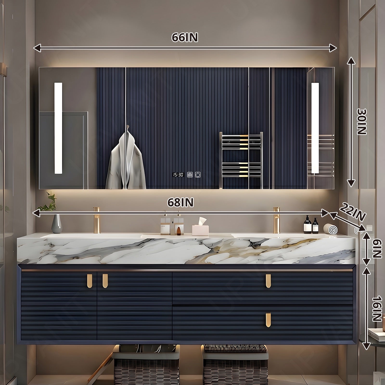 Luxury Bath Vanity Set, Navy, Striped Panel, Gold Accents, 56"- 78", Double, Floating, Smart LED Mirror, Rear Cabinet