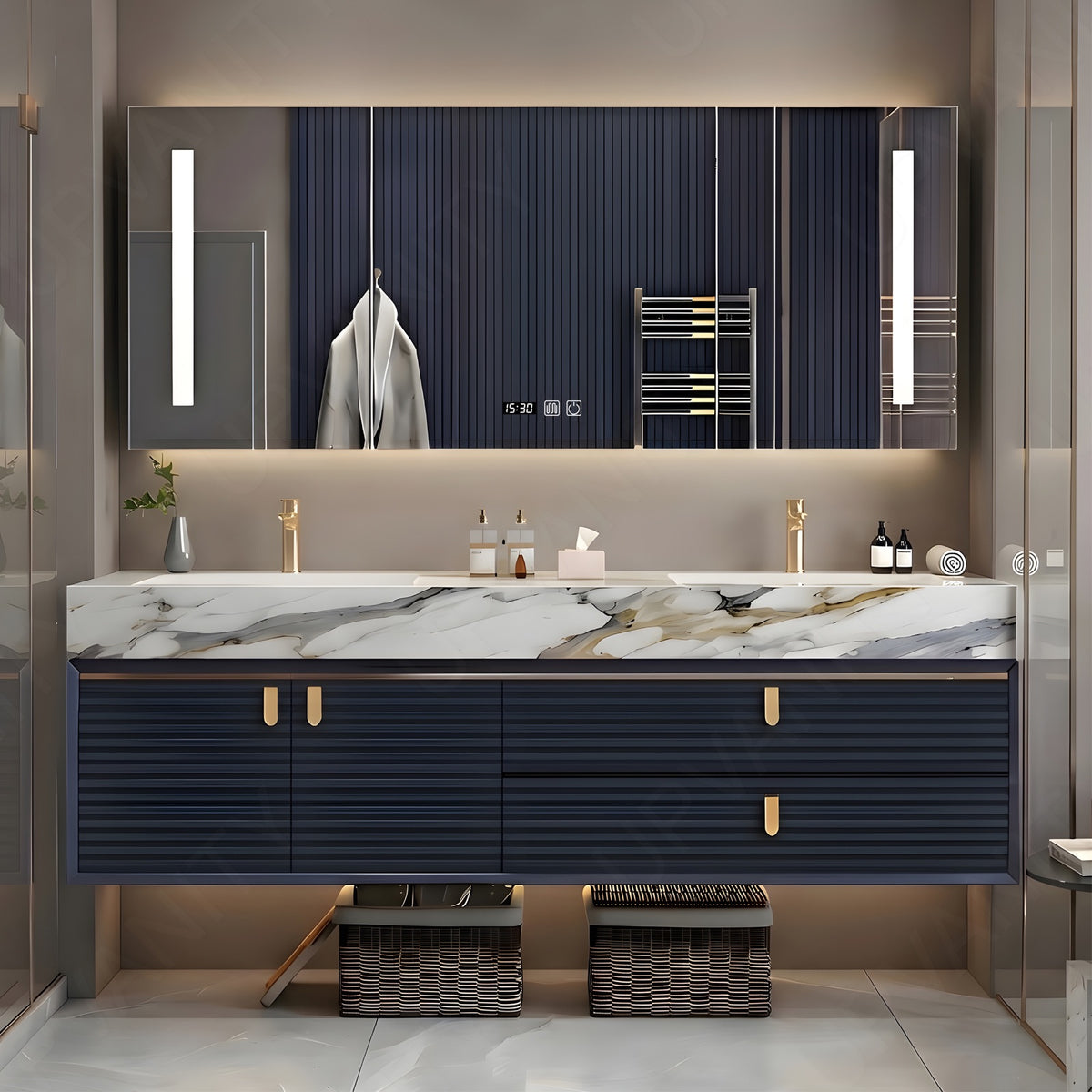 Luxury Bath Vanity Set, Navy, Striped Panel, Gold Accents, 56"- 78", Double, Floating, Smart LED Mirror, Rear Cabinet