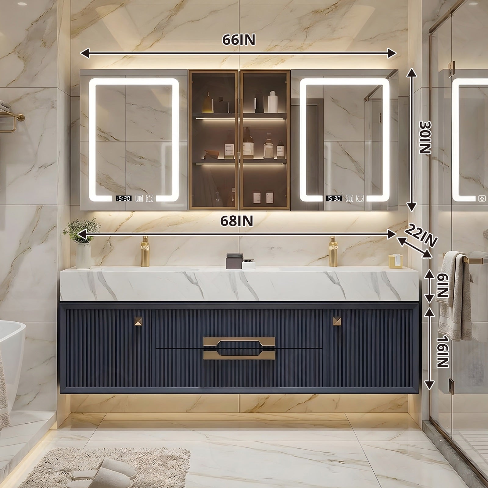Luxury Bath Vanity Set, Navy, White Slate Top, 56"-78", Double, Floating, Fluted Panel, Gold Accents, Smart LED Mirror, Rear Cabinet