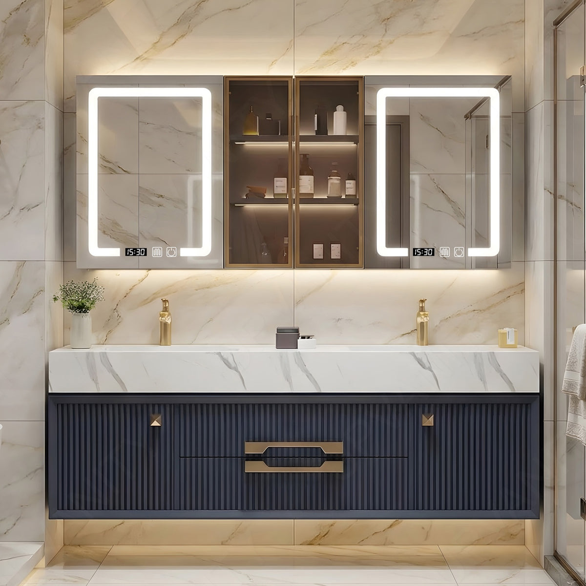 Luxury Bath Vanity Set, Navy, White Slate Top, 56"-78", Double, Floating, Fluted Panel, Gold Accents, Smart LED Mirror, Rear Cabinet