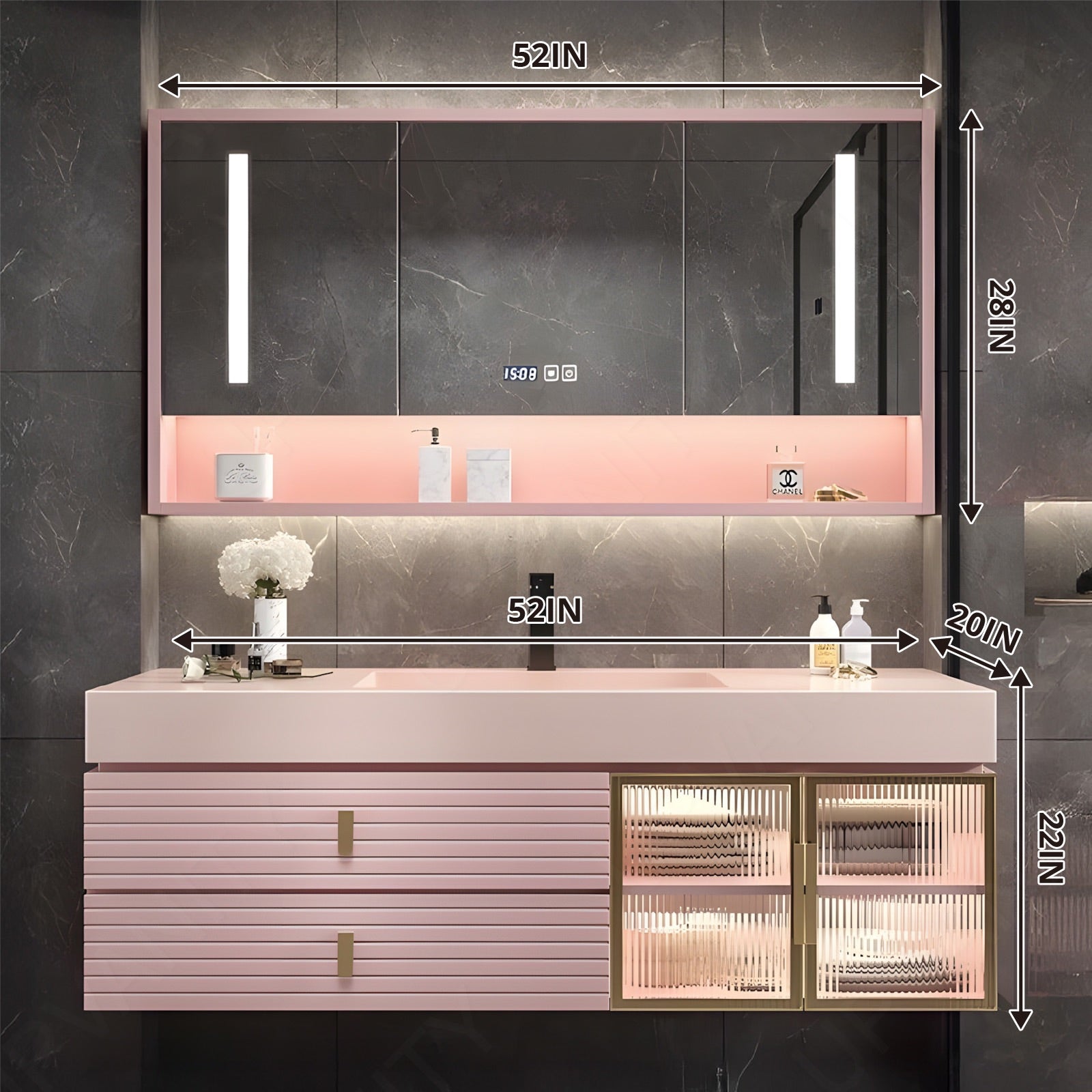 Luxury Bath Vanity Set, Pink, Gold Accents, 28"-68", Single, Floating, Glass Door, Striped Panel, Smart LED Mirror