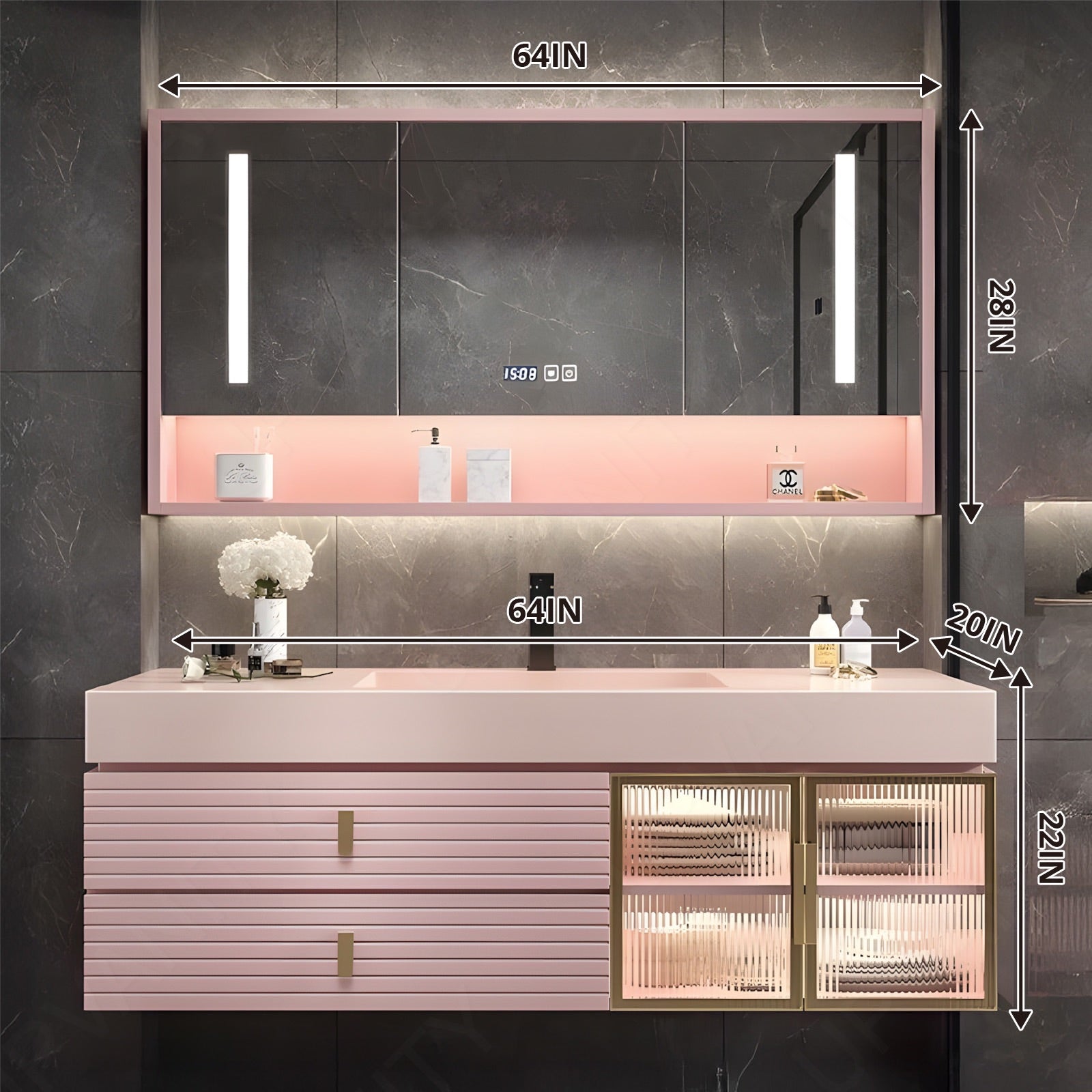 Luxury Bath Vanity Set, Pink, Gold Accents, 28"-68", Single, Floating, Glass Door, Striped Panel, Smart LED Mirror