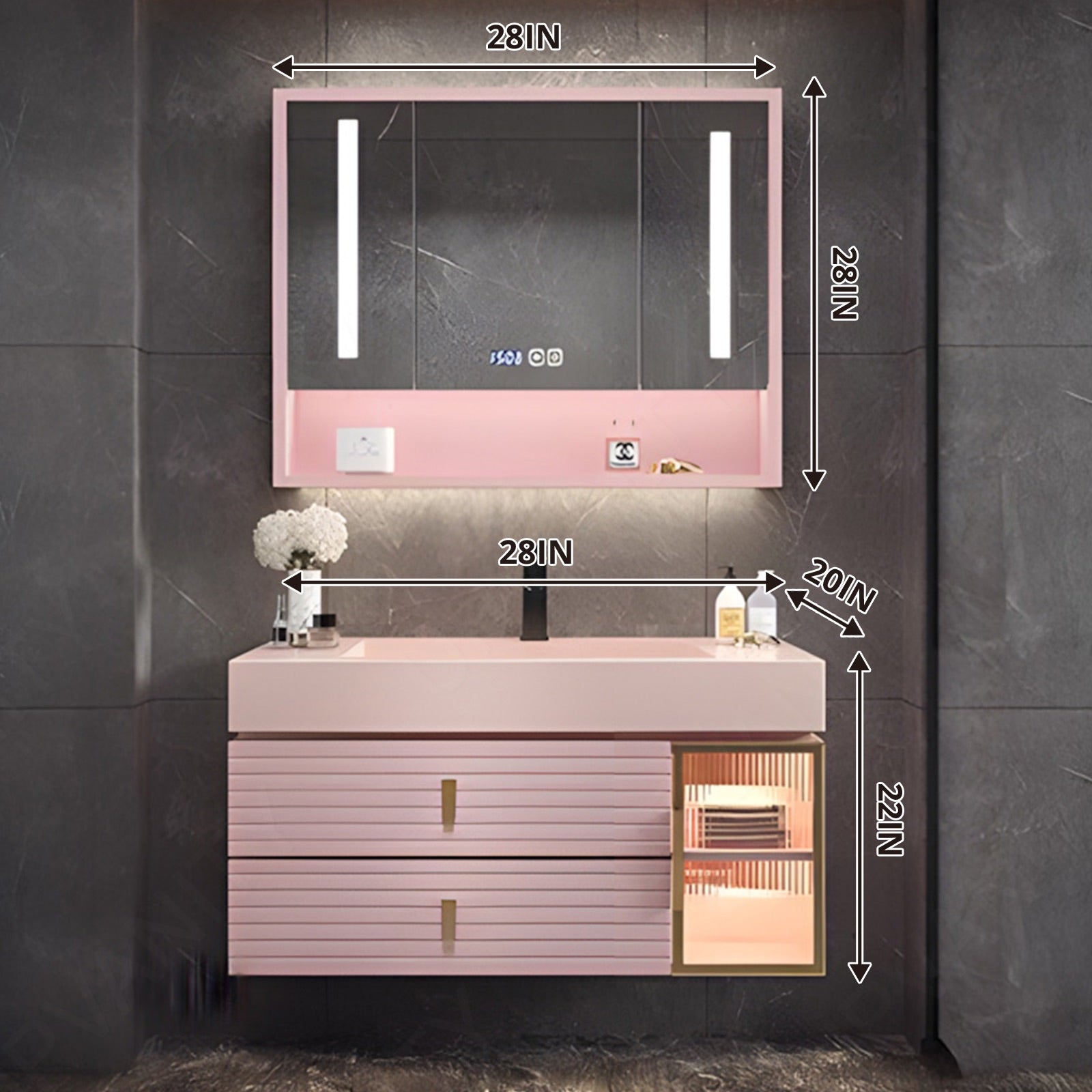 Luxury Bath Vanity Set, Pink, Gold Accents, 28"-68", Single, Floating, Glass Door, Striped Panel, Smart LED Mirror