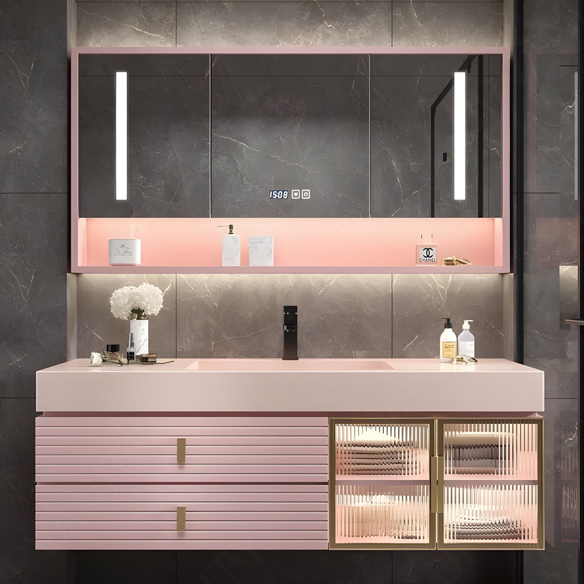 Luxury Bath Vanity Set, Pink, Gold Accents, 28"-68", Single, Floating, Glass Door, Striped Panel, Smart LED Mirror