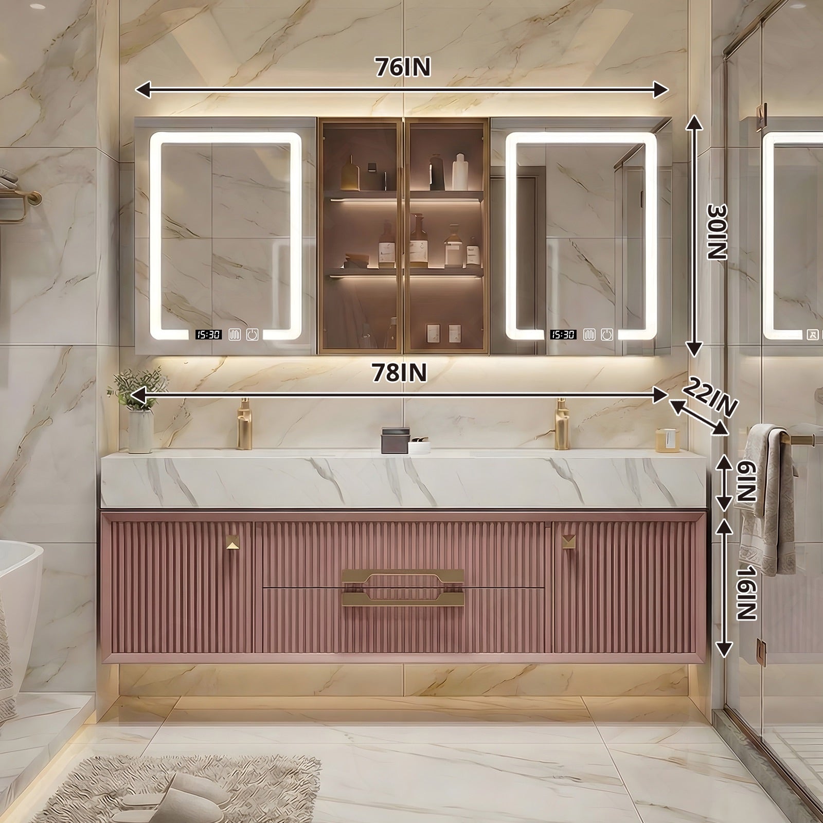 Luxury Bath Vanity Set, Pink, White Slate Top, 56"-78", Double, Floating, Fluted Panel, Gold Accents, Smart LED Mirror, Rear Cabinet