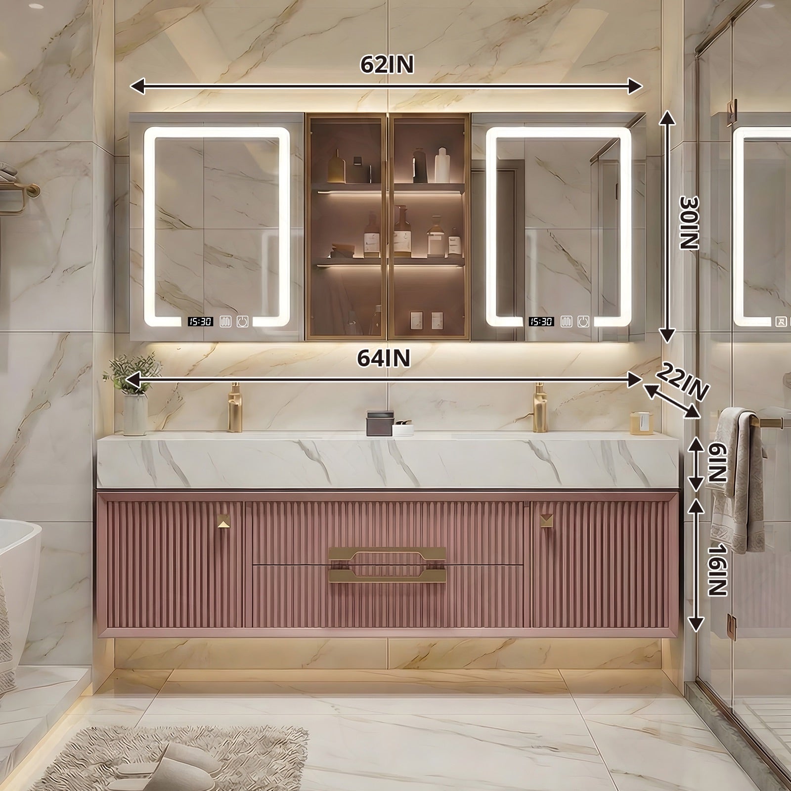 Luxury Bath Vanity Set, Pink, White Slate Top, 56"-78", Double, Floating, Fluted Panel, Gold Accents, Smart LED Mirror, Rear Cabinet