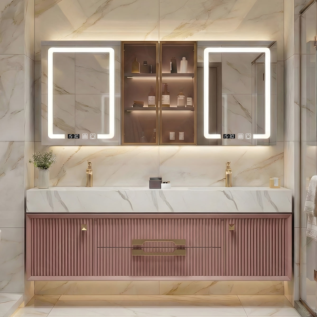 Luxury Bath Vanity Set, Pink, White Slate Top, 56"-78", Double, Floating, Fluted Panel, Gold Accents, Smart LED Mirror, Rear Cabinet