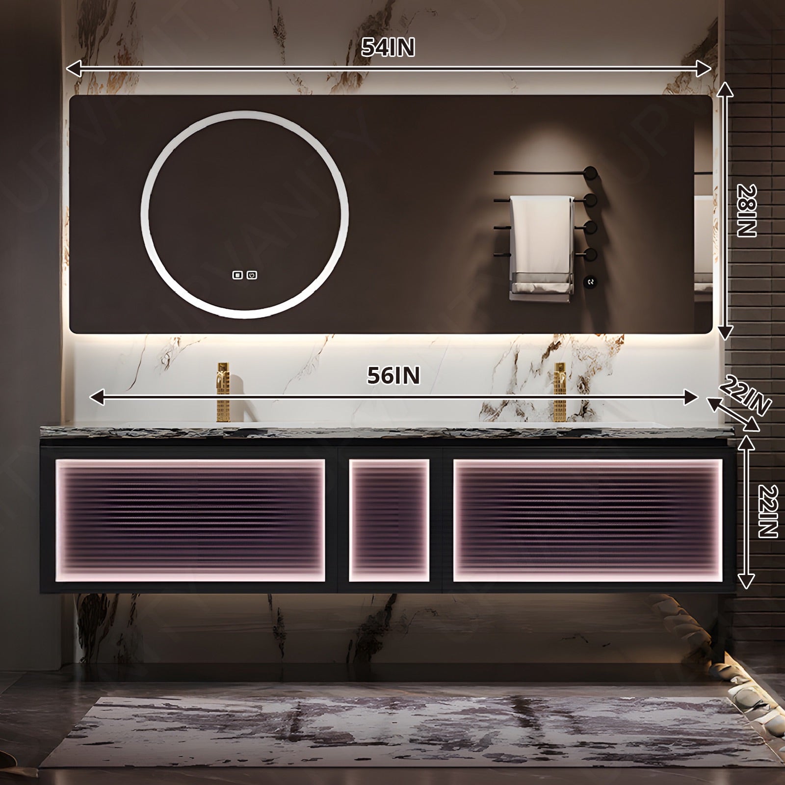 Luxury Bath Vanity Set, Purple, Marble Textured Top, 56"-78", Double, Floating, Striped Panel, Smart LED Mirror, Sensor Light