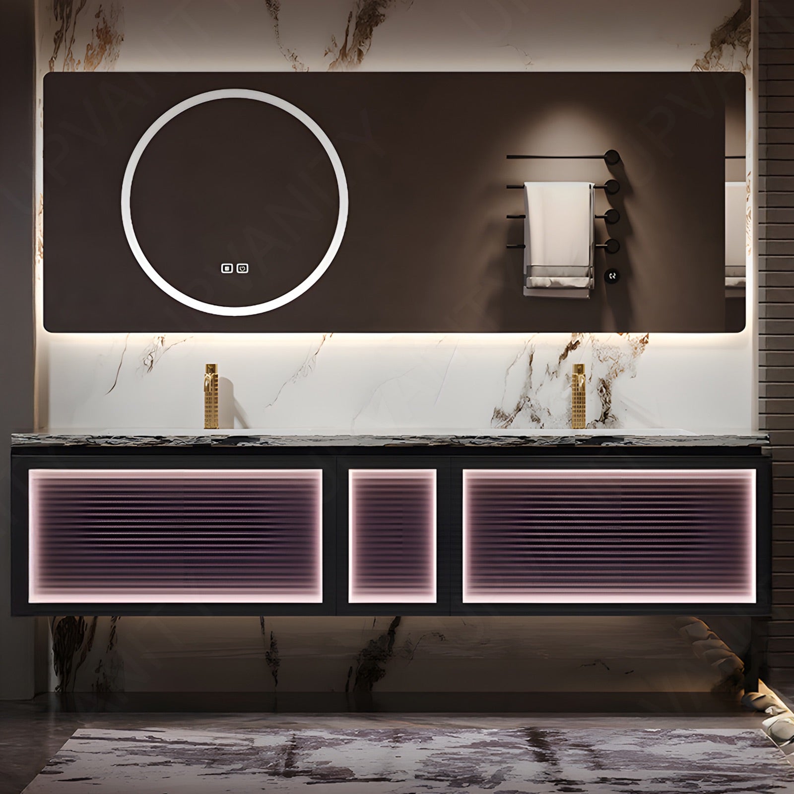 Luxury Bath Vanity Set, Purple, Marble Textured Top, 56"-78", Double, Floating, Striped Panel, Smart LED Mirror, Sensor Light