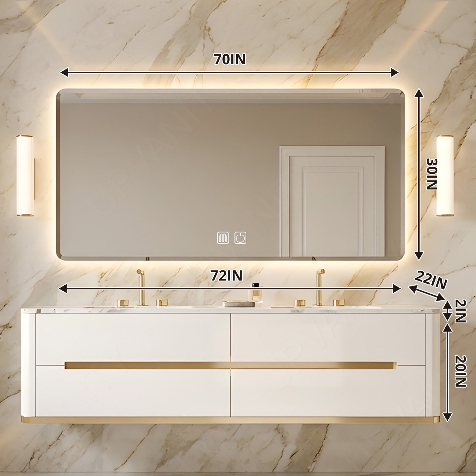 Luxury Bath Vanity Set, White, Gold Accents, 52"-78", Double, Floating, Rounded Edge, Smart LED Mirror
