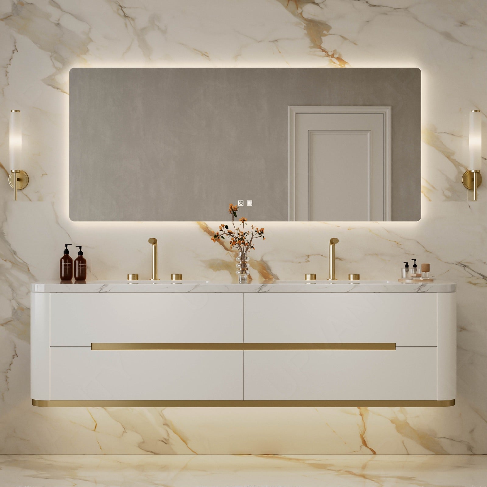 Luxury Bath Vanity Set, White, Gold Accents, 52"-78", Double, Floating, Rounded Edge, Smart LED Mirror