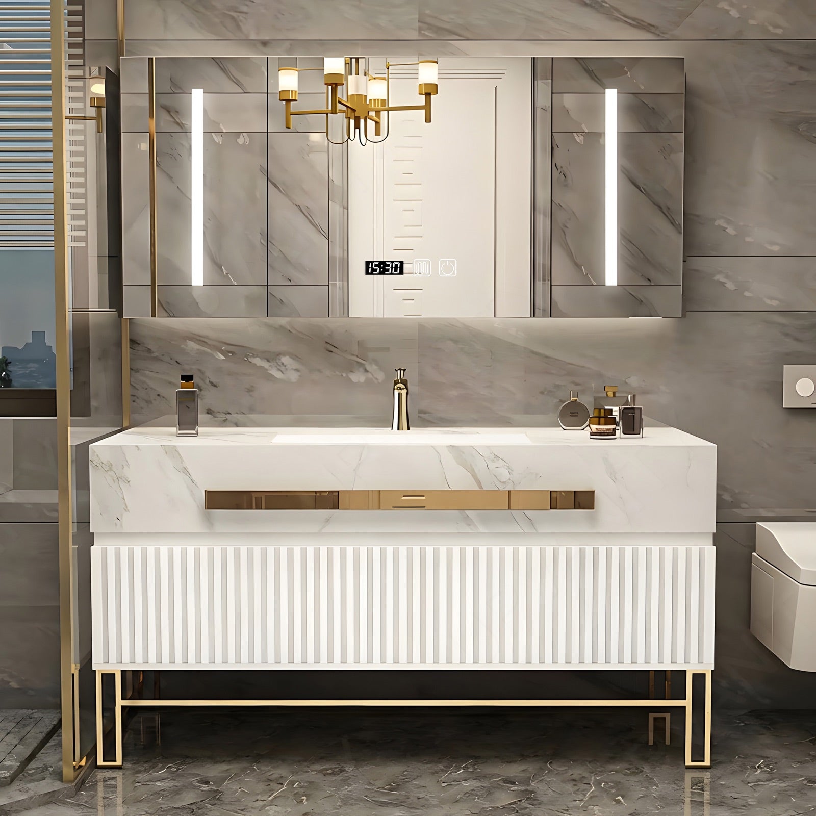 Luxury Bath Vanity Set, White, Gold Accents, Striped Panel, 32"- 68", Single, Freestanding, Smart LED Mirror, Rear Cabinet