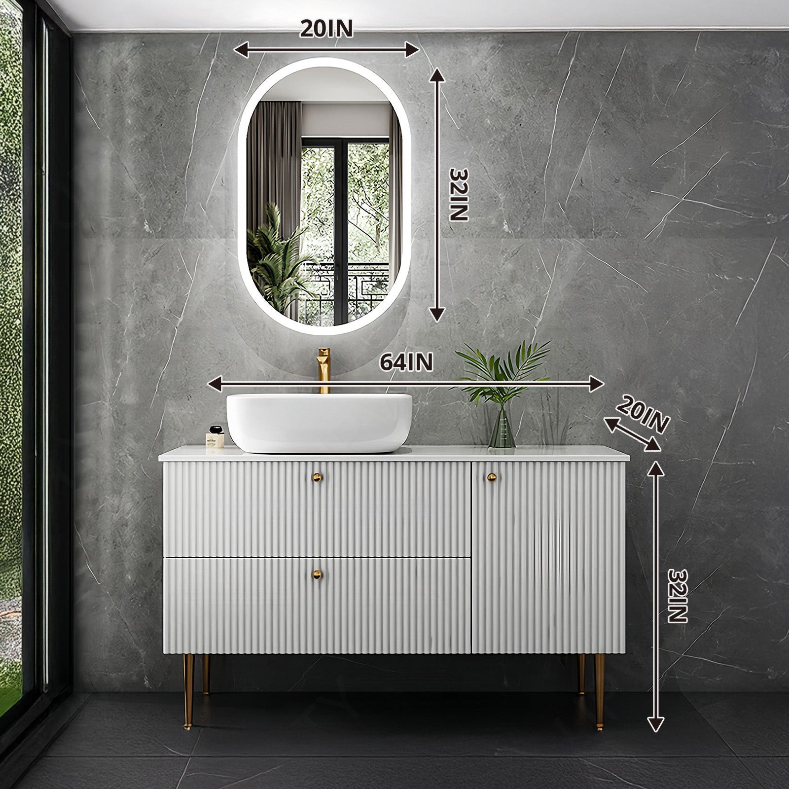 Luxury Bath Vanity Set, White, Striped Panel, 36"- 64", Single, Freestanding, Vessel Sink, Oval Smart LED Mirror