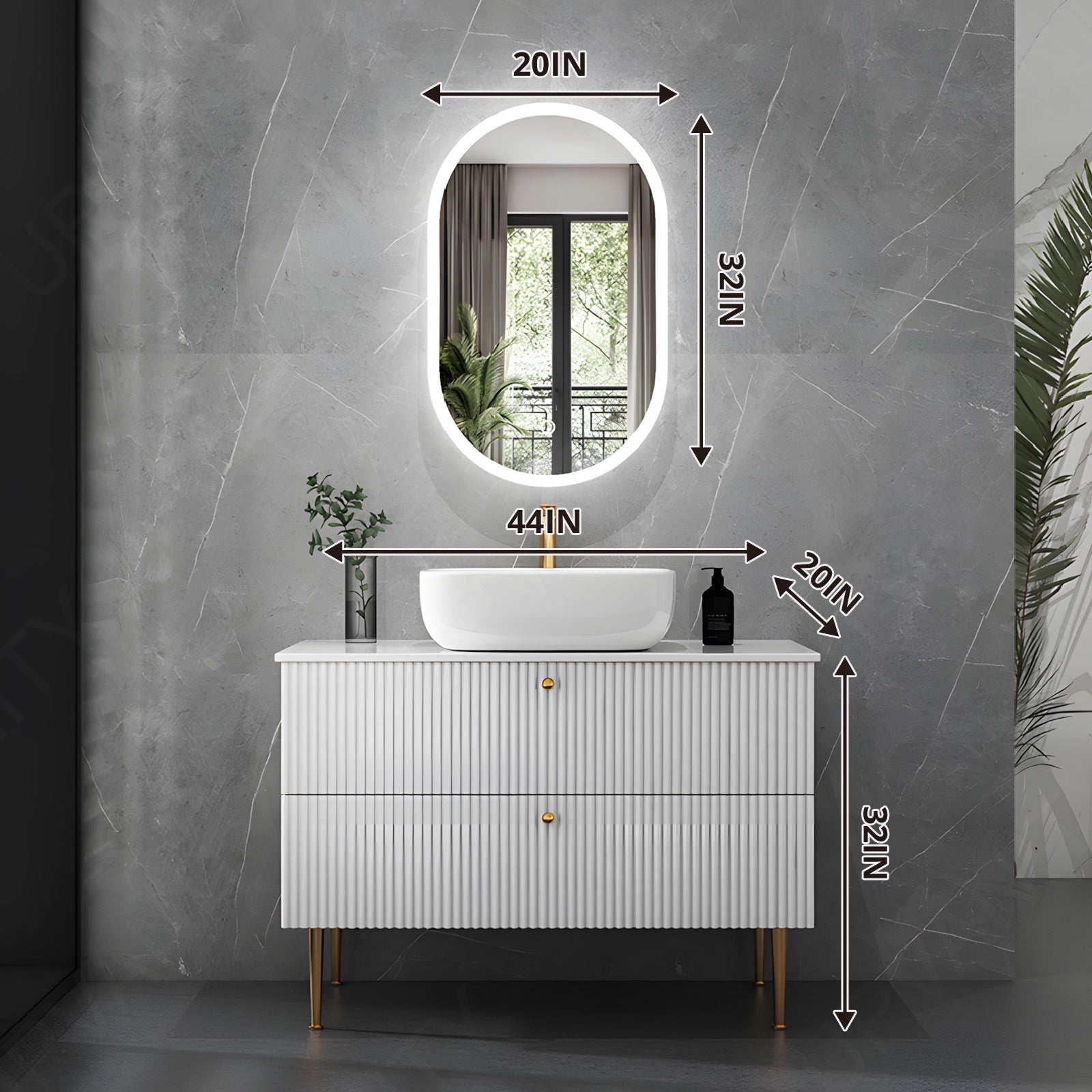 Luxury Bath Vanity Set, White, Striped Panel, 36"- 64", Single, Freestanding, Vessel Sink, Oval Smart LED Mirror