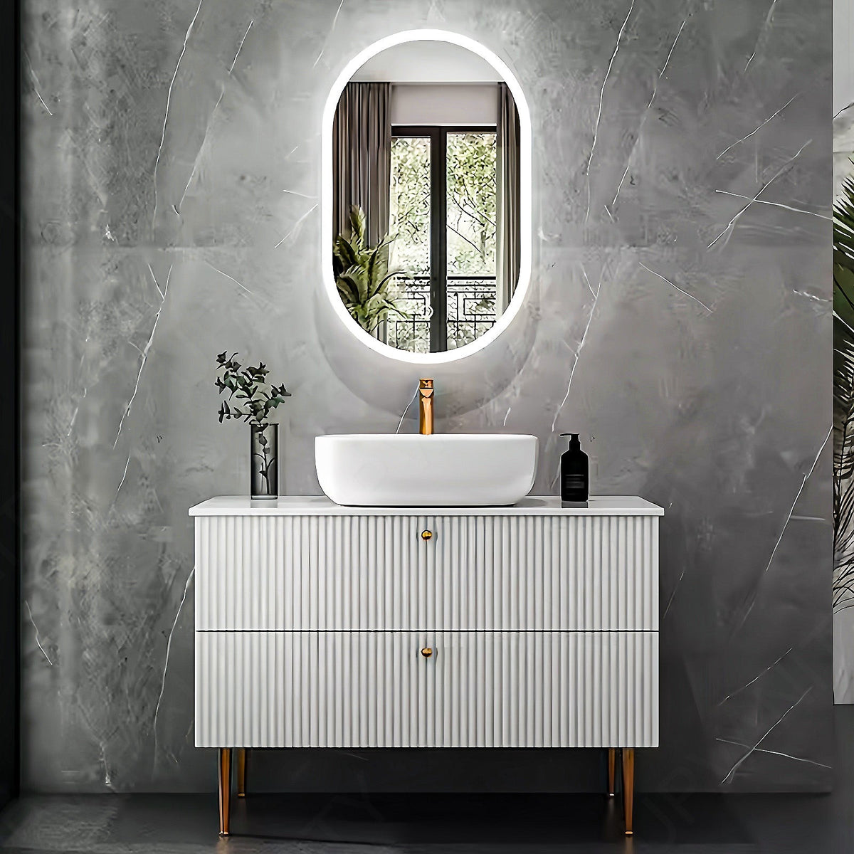 Luxury Bath Vanity Set, White, Striped Panel, 36"- 64", Single, Freestanding, Vessel Sink, Oval Smart LED Mirror