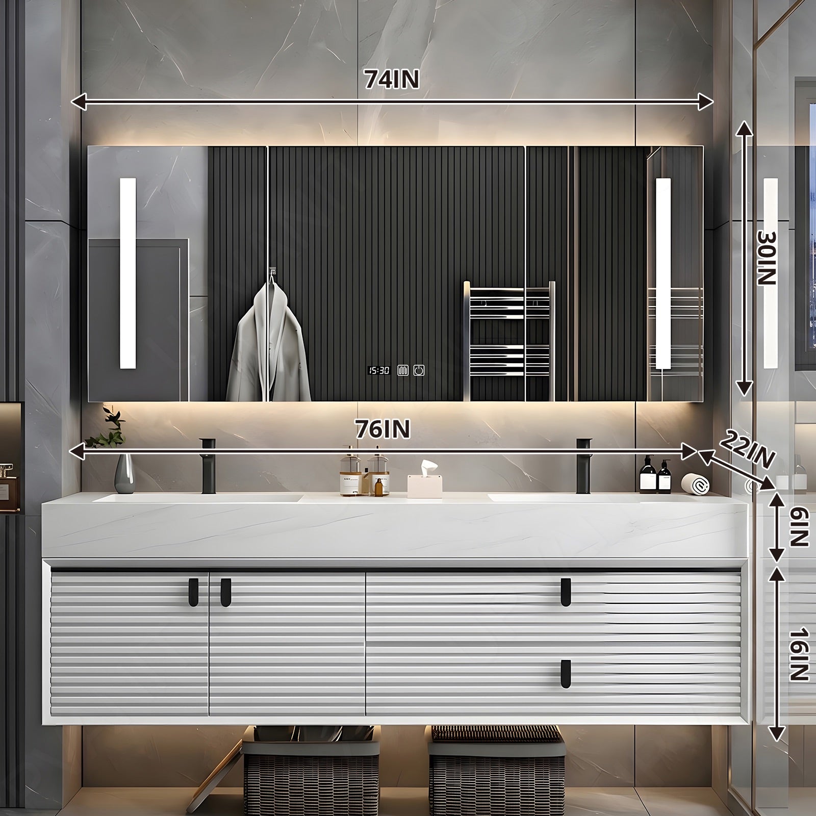Luxury Bath Vanity Set, White, Striped Panel, Black Accents, 56"- 78", Double, Floating, Smart LED Mirror, Rear Cabinet