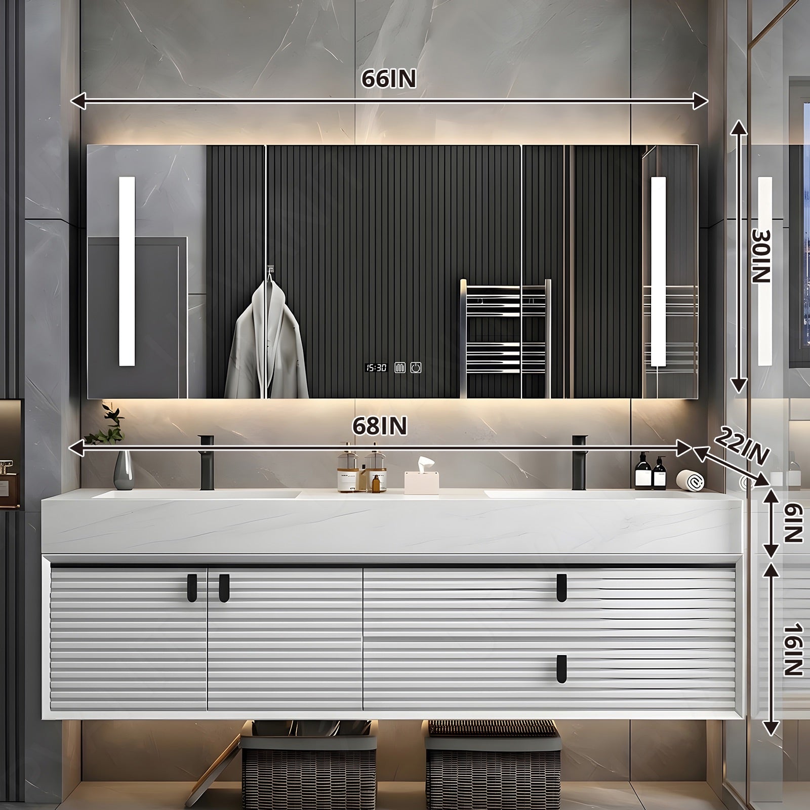 Luxury Bath Vanity Set, White, Striped Panel, Black Accents, 56"- 78", Double, Floating, Smart LED Mirror, Rear Cabinet