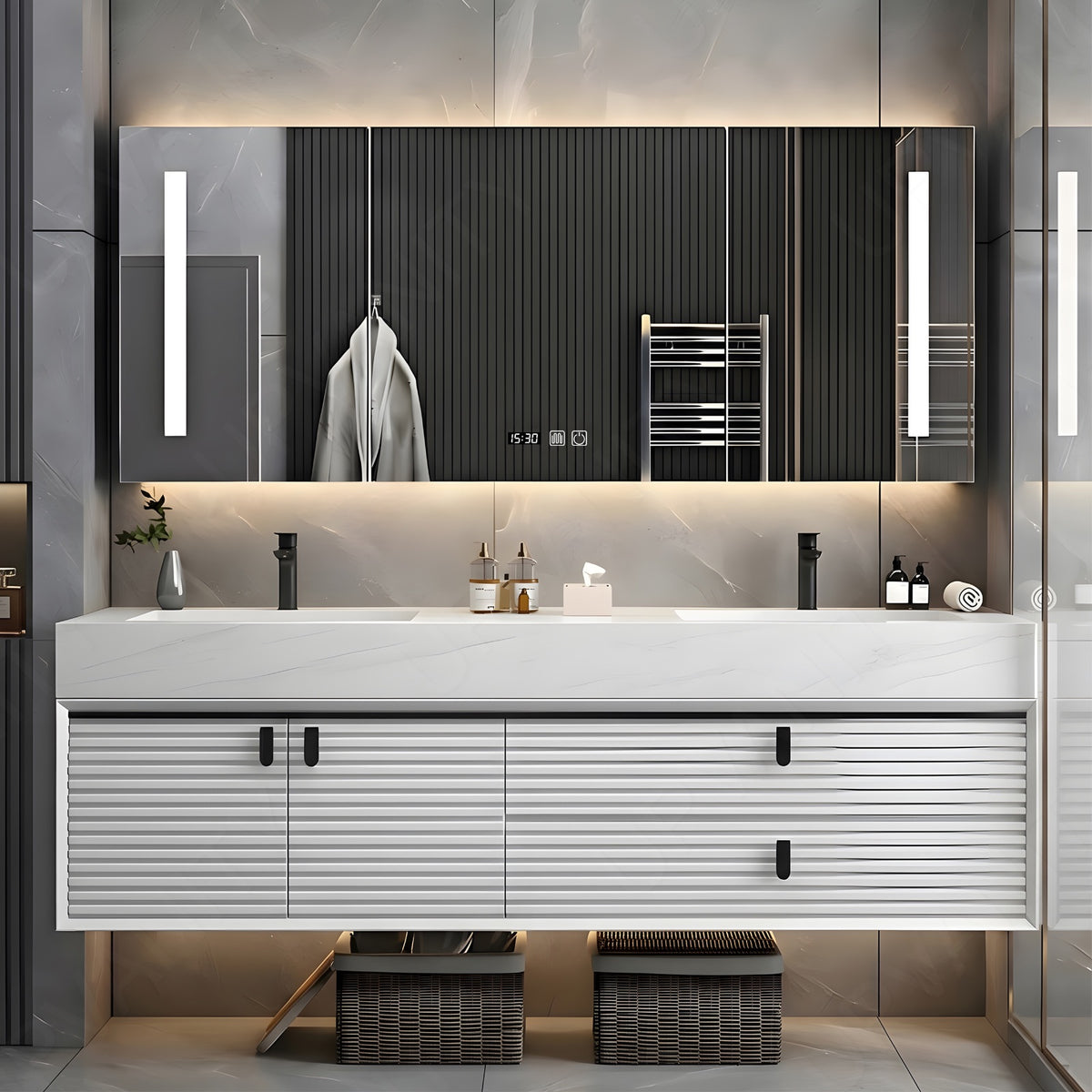 Luxury Bath Vanity Set, White, Striped Panel, Black Accents, 56"- 78", Double, Floating, Smart LED Mirror, Rear Cabinet