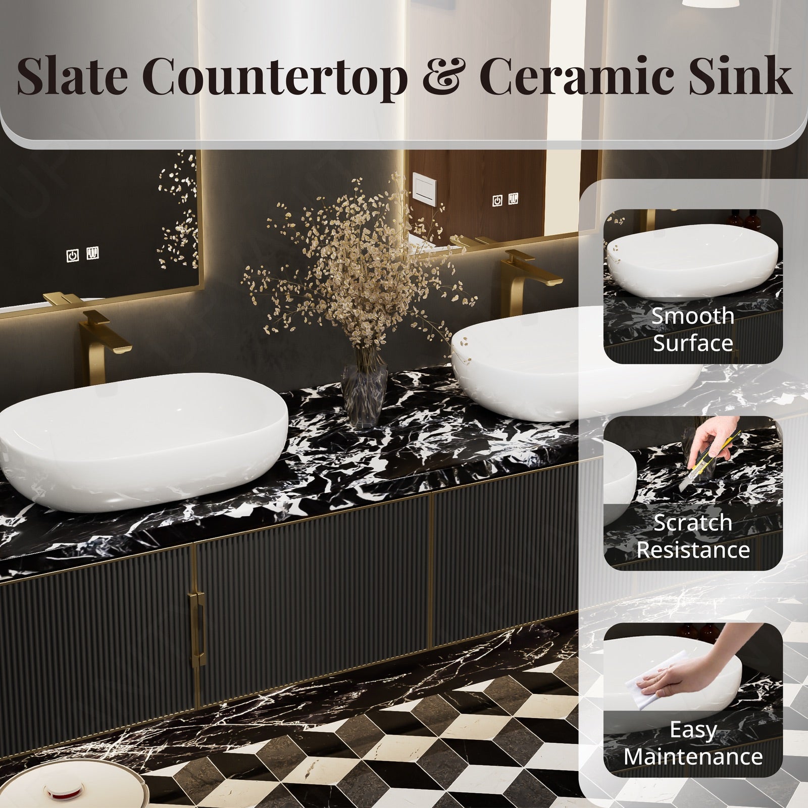 Luxury Bath Vanity Top, Black, Marble Textured Top, 56"-78", Single Vessel Sink, Floating, Fluted Panel, Dual Smart LED Mirror