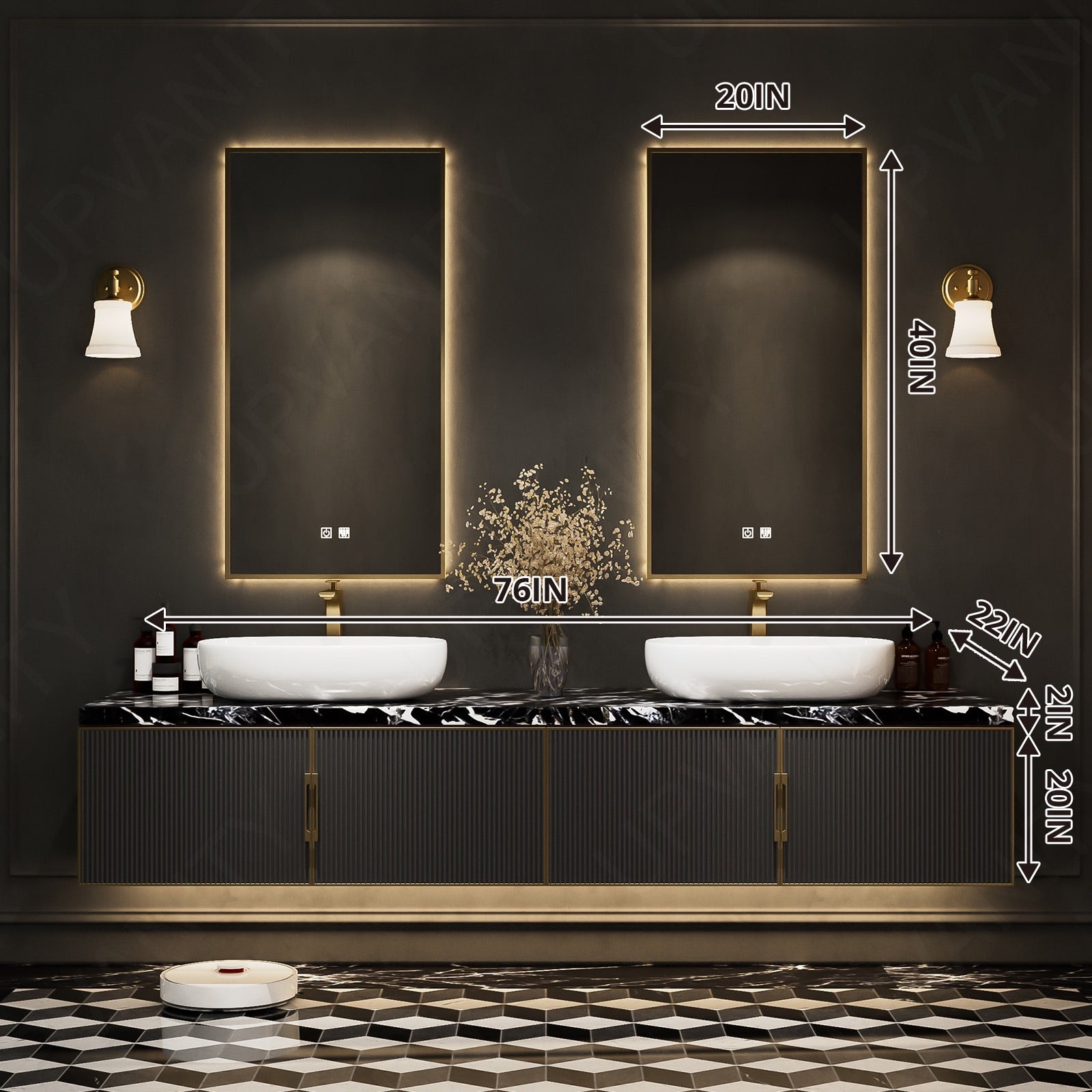 Luxury Bath Vanity Top, Black, Marble Textured Top, 56"-78", Single Vessel Sink, Floating, Fluted Panel, Dual Smart LED Mirror
