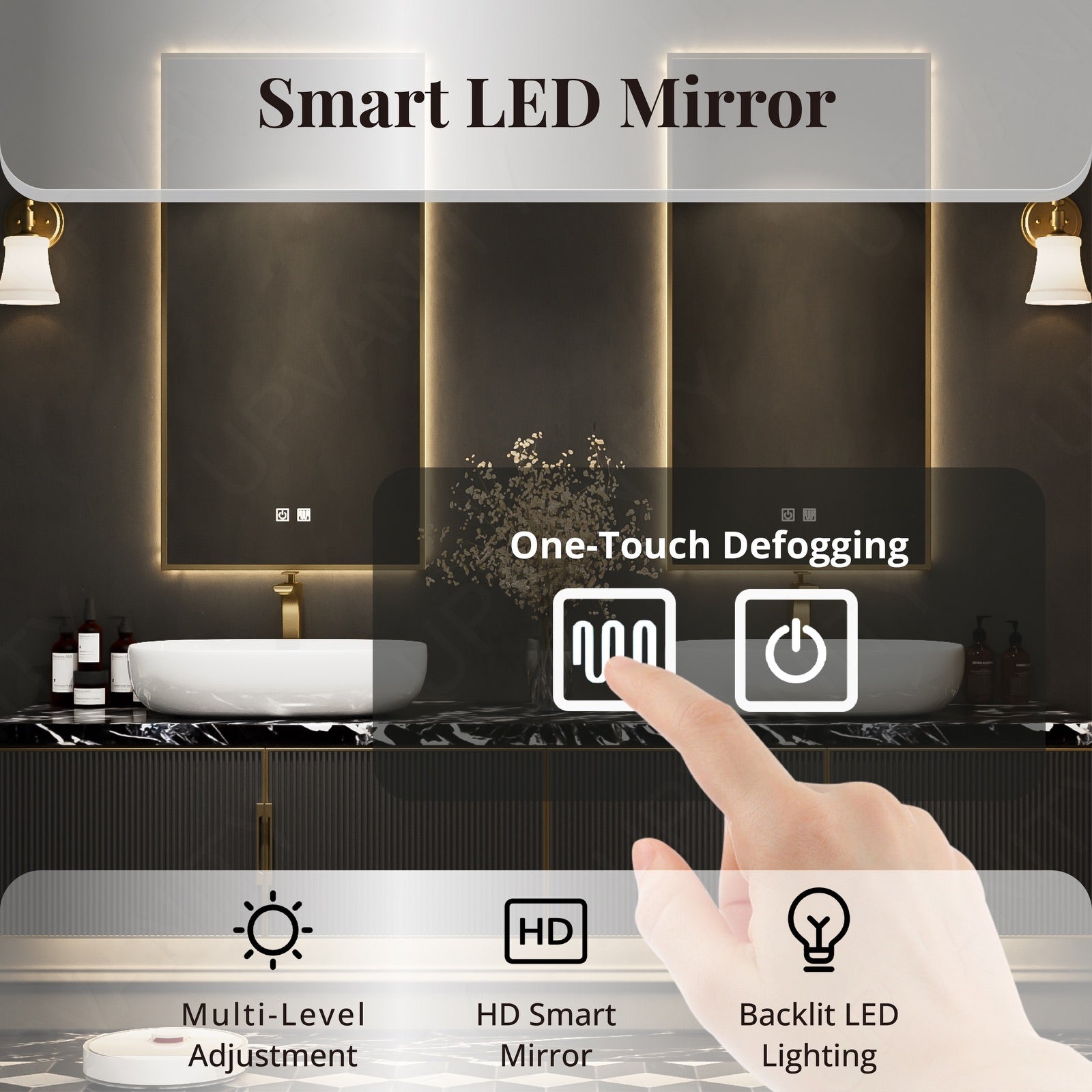 Luxury Bath Vanity Top, Black, Marble Textured Top, 56"-78", Single Vessel Sink, Floating, Fluted Panel, Dual Smart LED Mirror