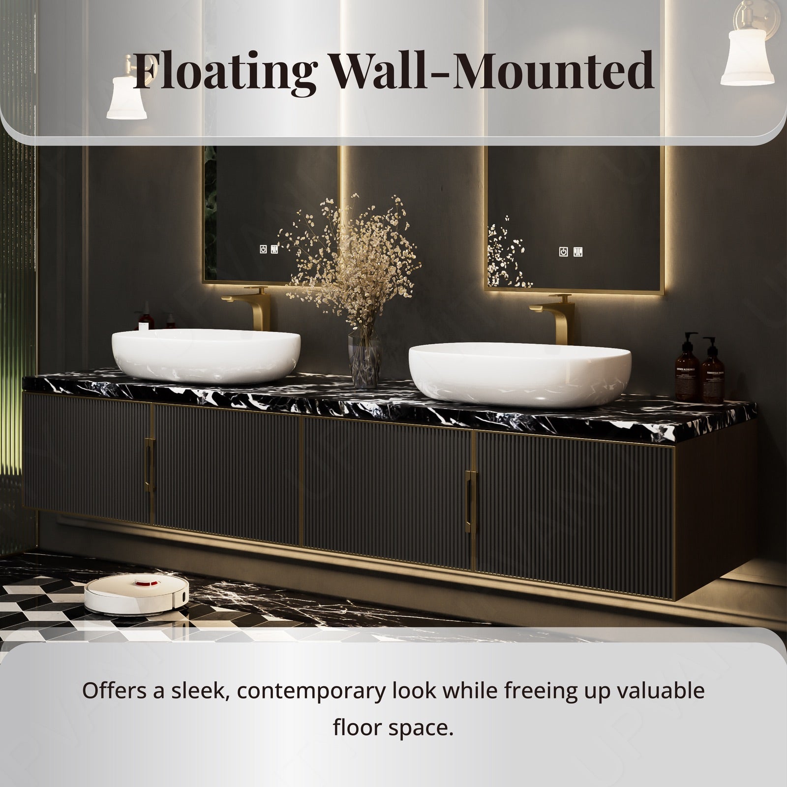 Luxury Bath Vanity Top, Black, Marble Textured Top, 56"-78", Single Vessel Sink, Floating, Fluted Panel, Dual Smart LED Mirror