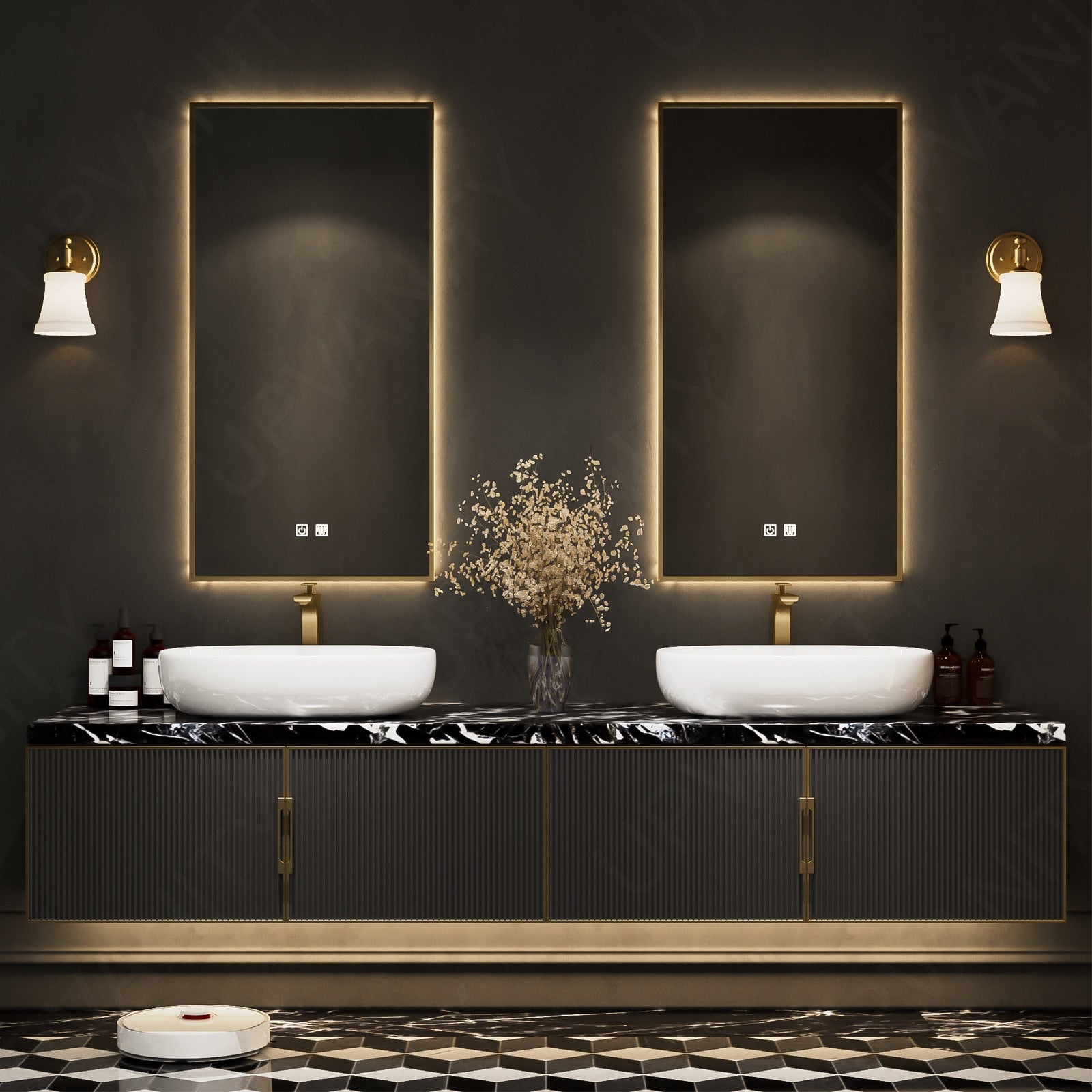 Luxury Bath Vanity Top, Black, Marble Textured Top, 56"-78", Single Vessel Sink, Floating, Fluted Panel, Dual Smart LED Mirror