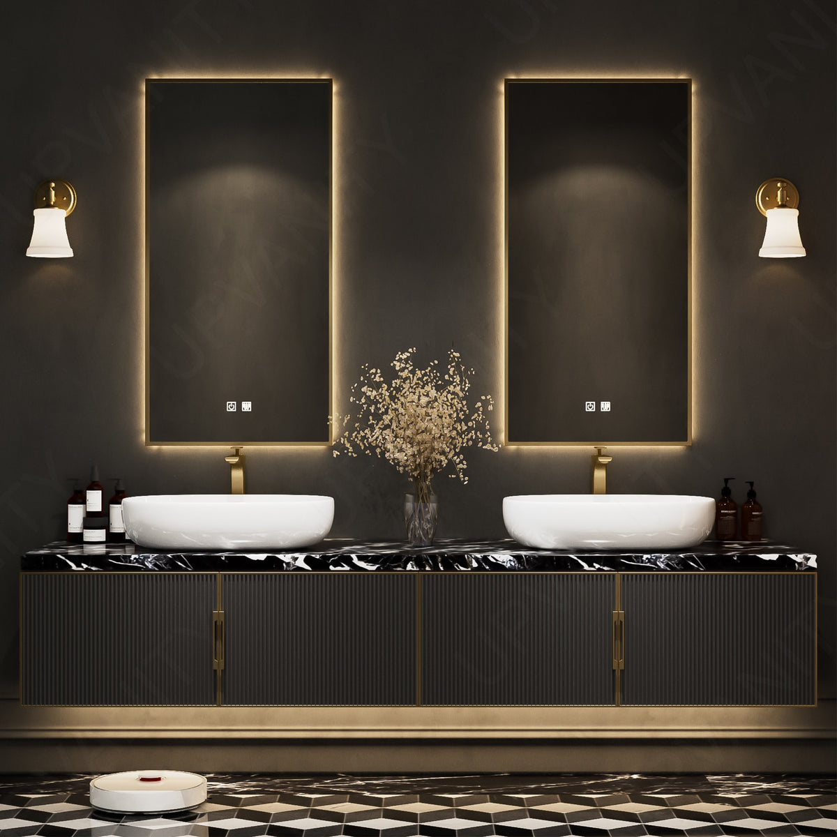 Luxury Bath Vanity Top, Black, Marble Textured Top, 56"-78", Single Vessel Sink, Floating, Fluted Panel, Dual Smart LED Mirror