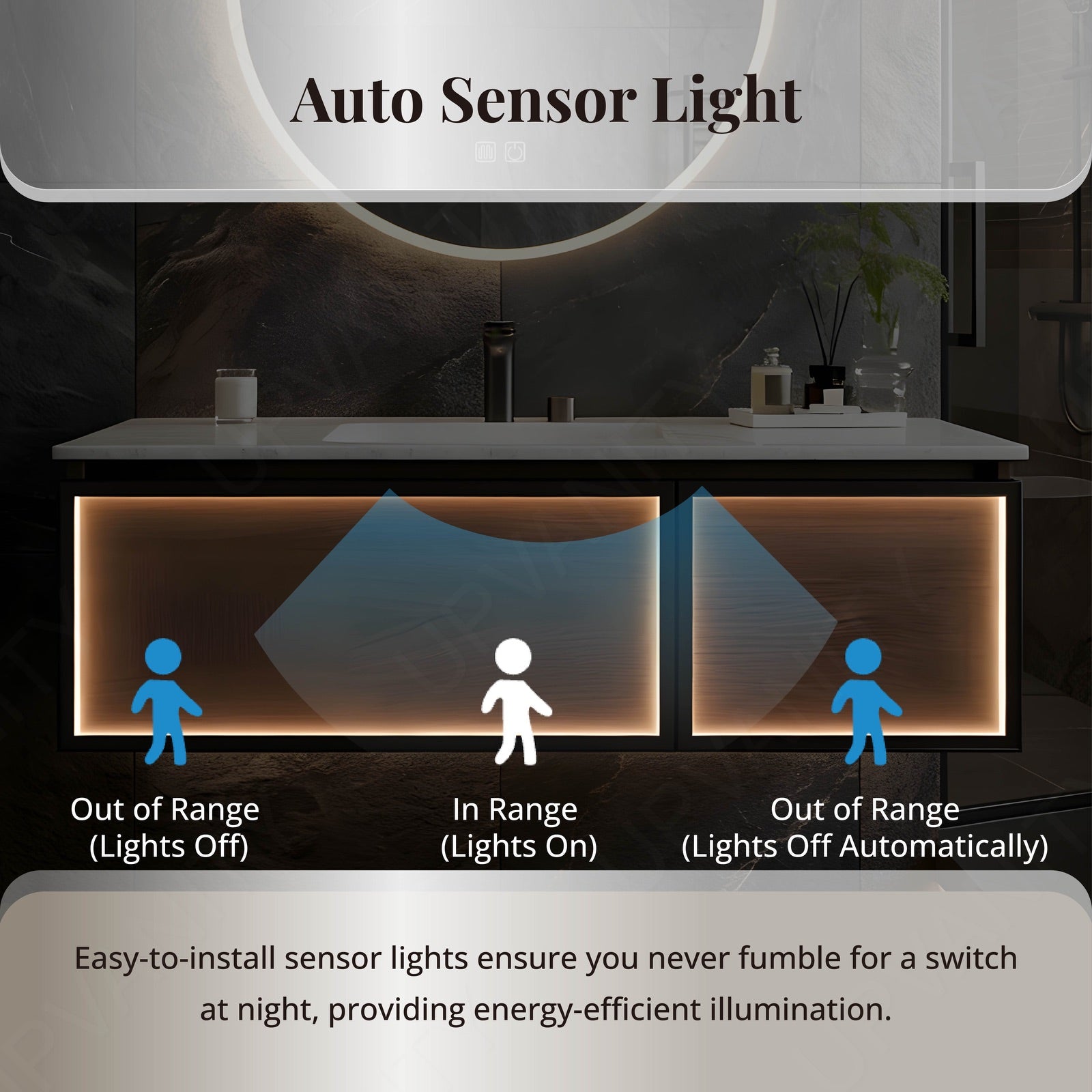 Luxury Bathroom Vanity Set, Brown, White Slate Top, 40"-56", Single, Floating, Round Smart LED Mirror, Sensor Light