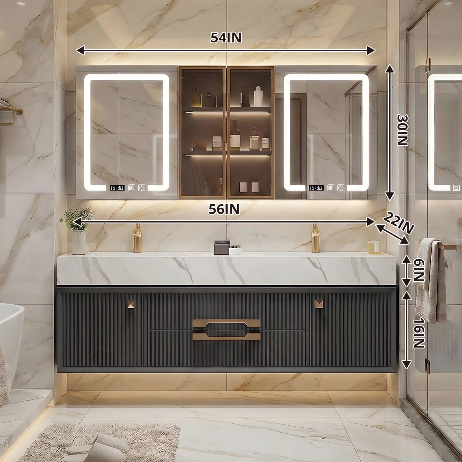 Luxury Bath Vanity Set, Gray, White Slate Top, 56"-78", Double, Floating, Fluted Panel, Gold Accents, Smart LED Mirror, Rear Cabinet