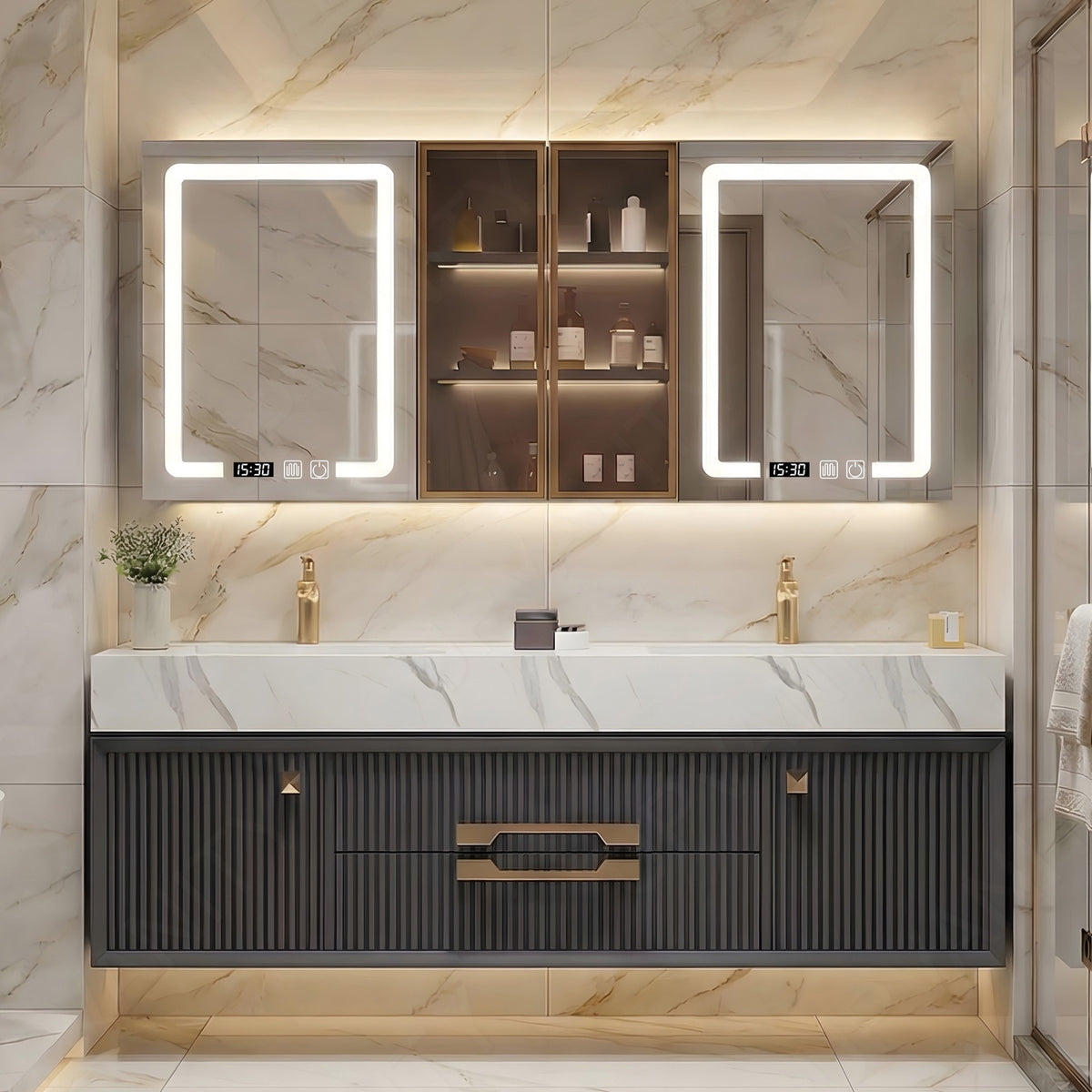 Luxury Bath Vanity Set, Gray, White Slate Top, 56"-78", Double, Floating, Fluted Panel, Gold Accents, Smart LED Mirror, Rear Cabinet