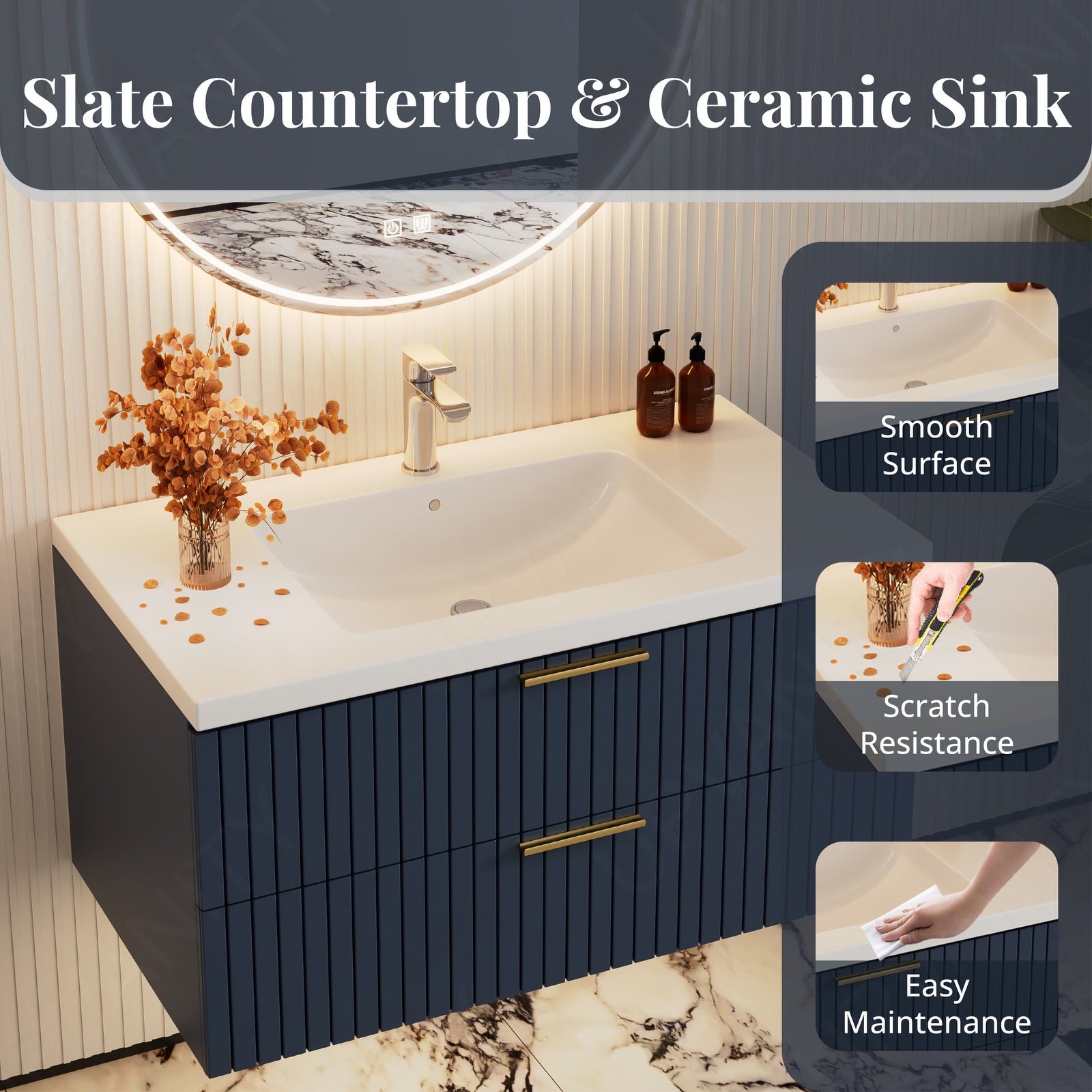Modern Bath Vamity Set, Navy, White Slate Top, 40"-60", Single, Floating, Gold Accents, Fluted Panel, Round Smart LED Mirror