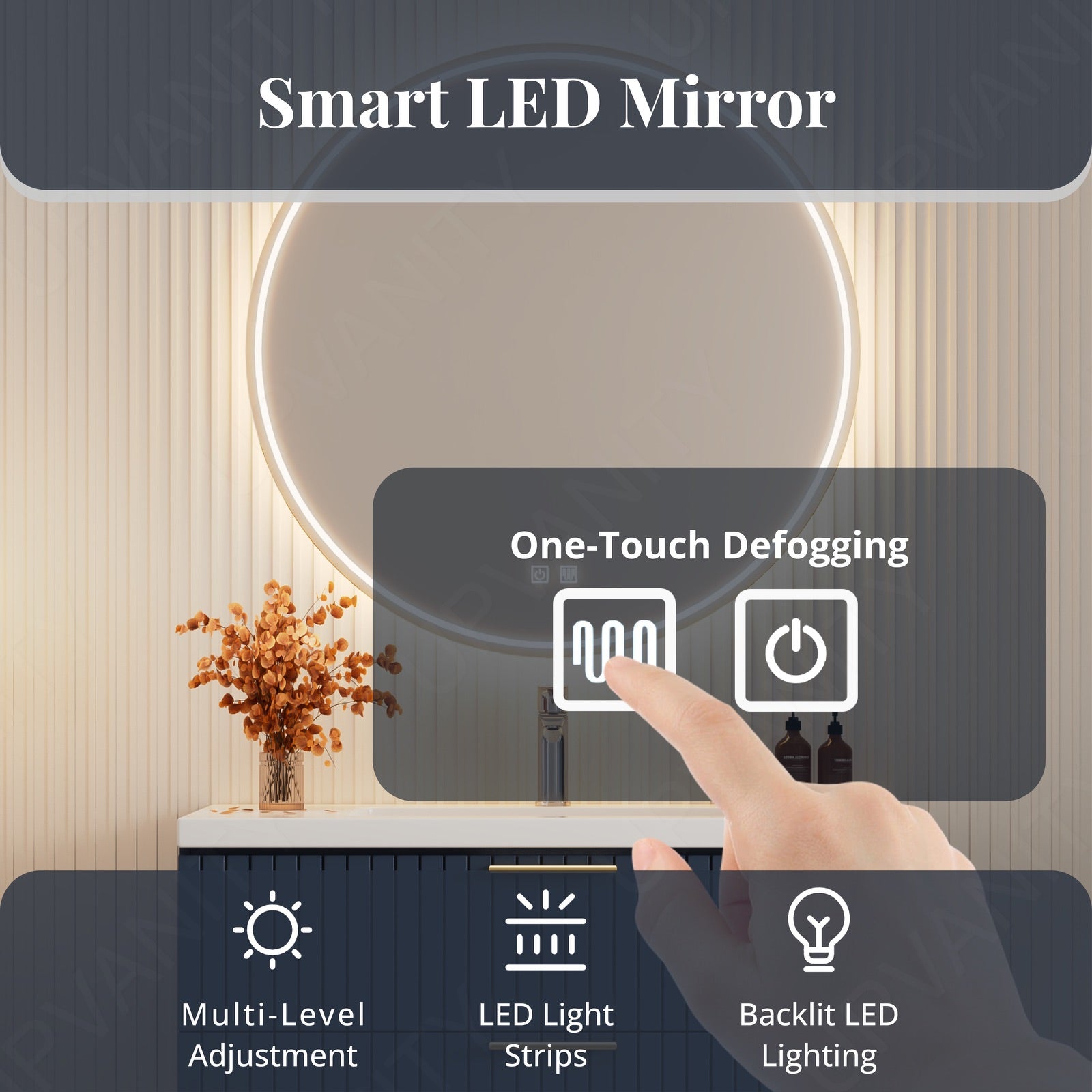 Modern Bath Vamity Set, Navy, White Slate Top, 40"-60", Single, Floating, Gold Accents, Fluted Panel, Round Smart LED Mirror