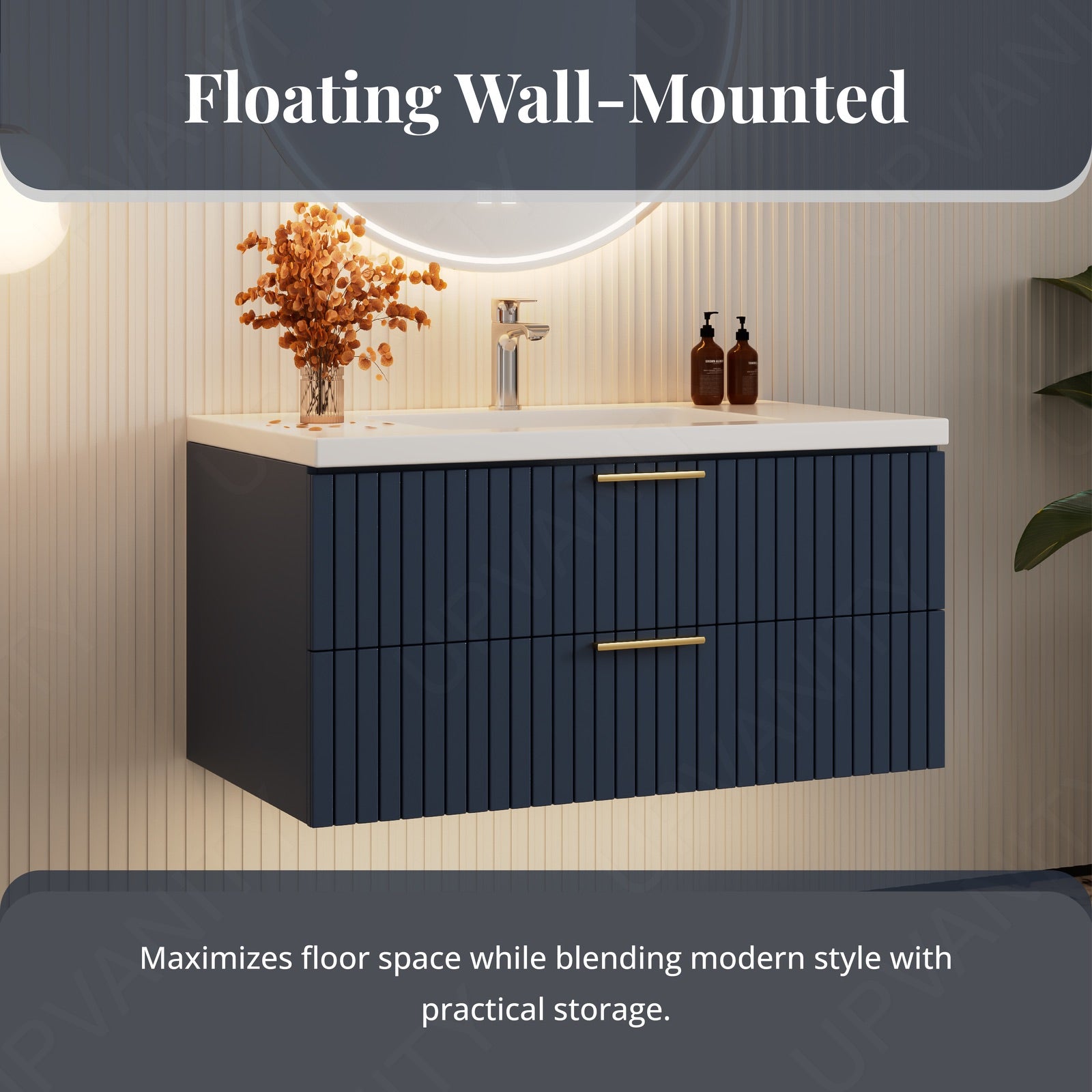 Modern Bath Vamity Set, Navy, White Slate Top, 40"-60", Single, Floating, Gold Accents, Fluted Panel, Round Smart LED Mirror