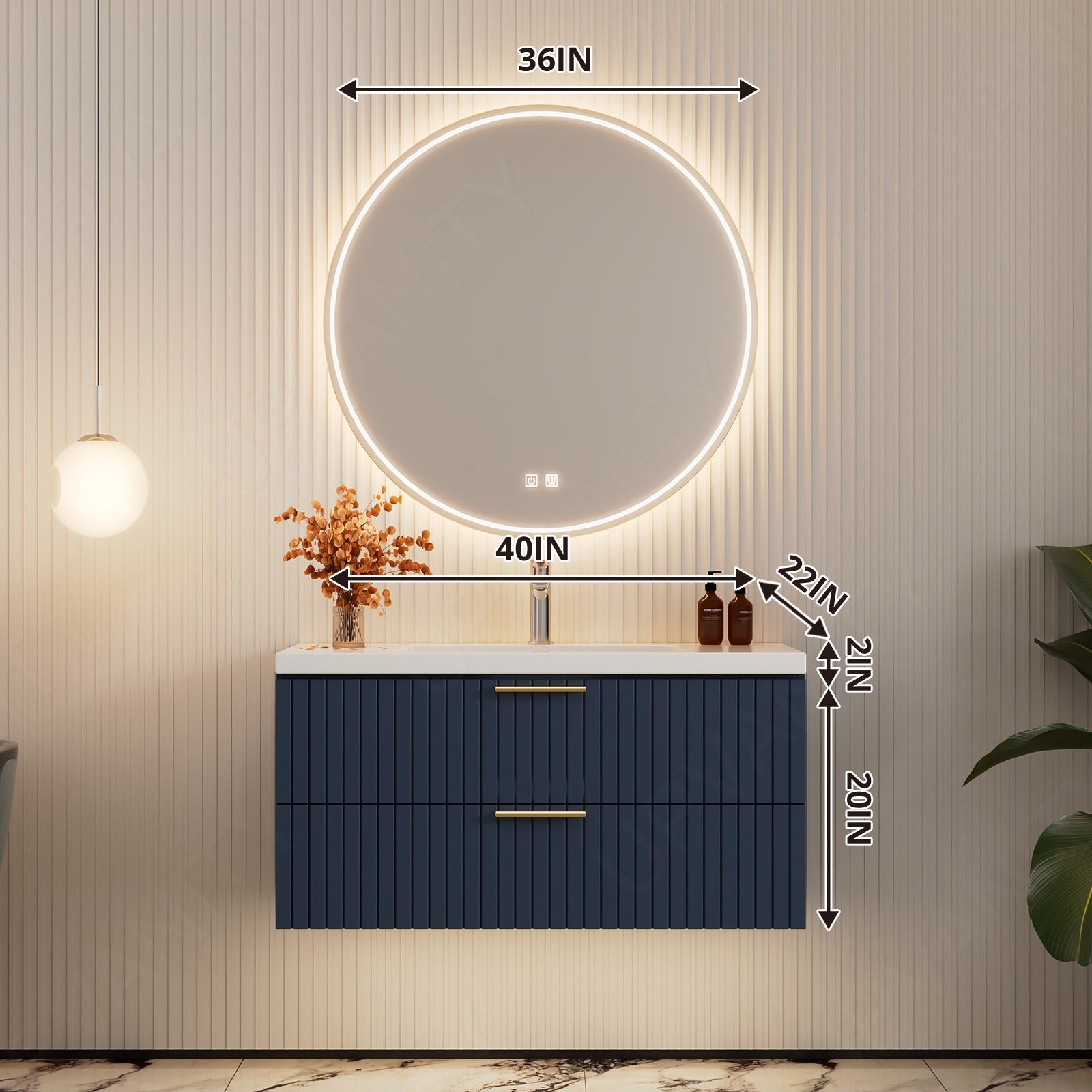 Modern Bath Vamity Set, Navy, White Slate Top, 40"-60", Single, Floating, Gold Accents, Fluted Panel, Round Smart LED Mirror