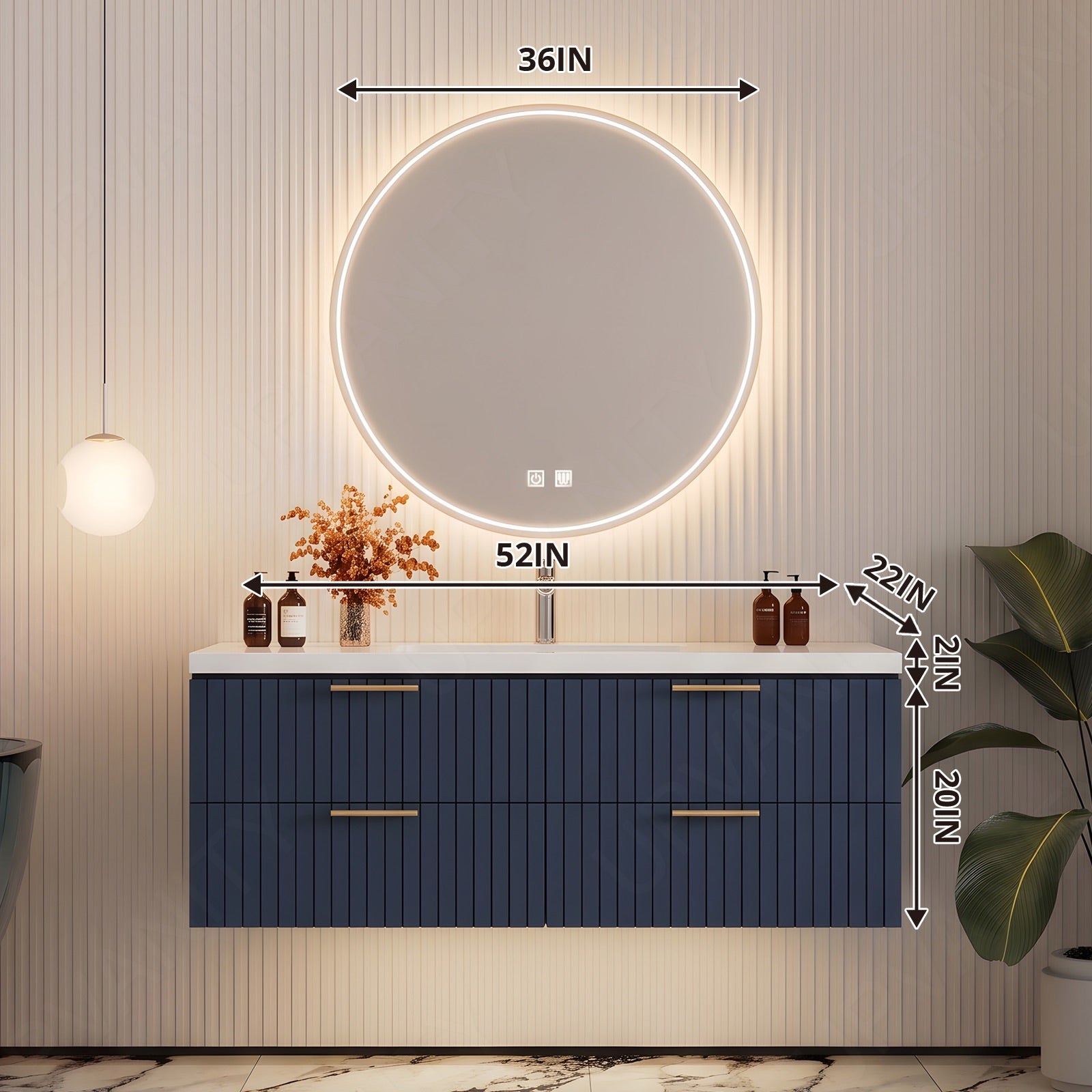 Modern Bath Vamity Set, Navy, White Slate Top, 40"-60", Single, Floating, Gold Accents, Fluted Panel, Round Smart LED Mirror