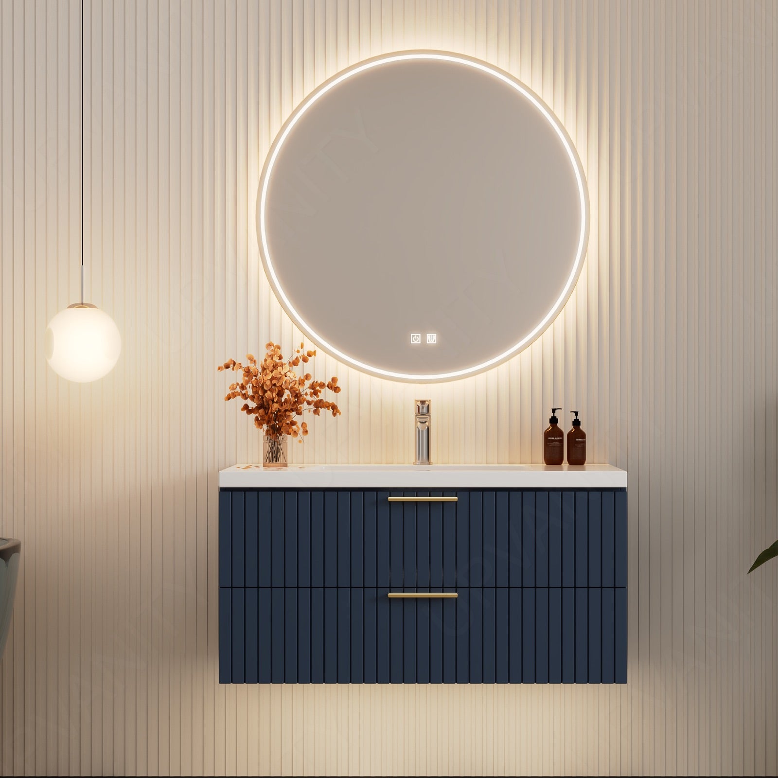 Modern Bath Vamity Set, Navy, White Slate Top, 40"-60", Single, Floating, Gold Accents, Fluted Panel, Round Smart LED Mirror
