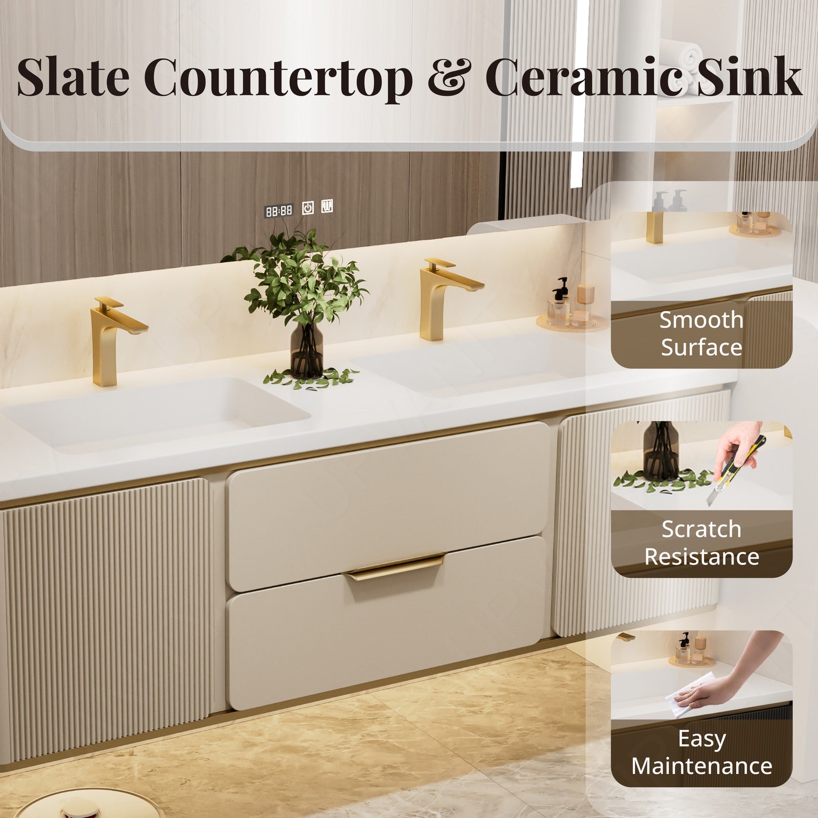 Modern Bath Vanity Set, Beige/Black/Gray/Navy, White Slate Top, 52"-78", Double, Floating, Fluted Panel, Smart LED Mirror, Rear Cabinet